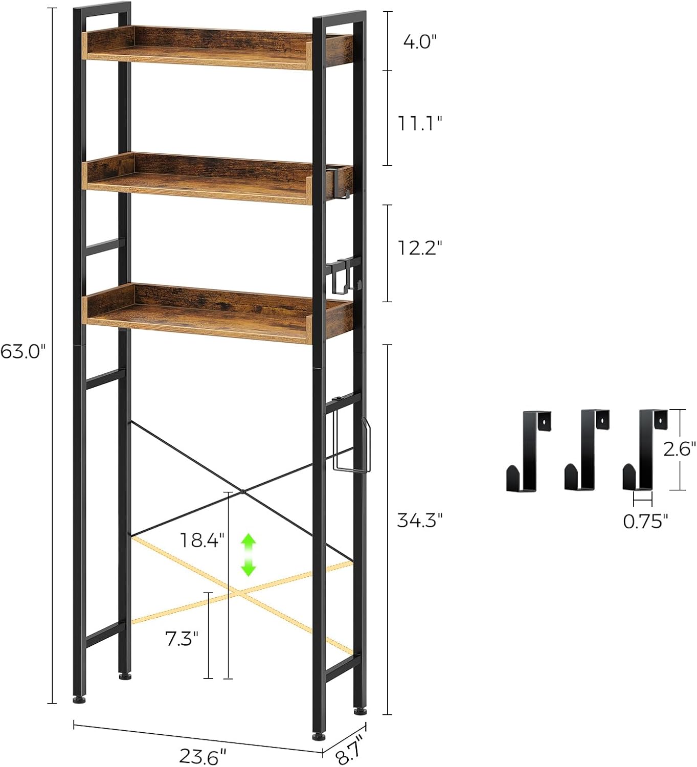 Dimensions diagram for the Rolanstar Over-the-Toilet Storage Rack