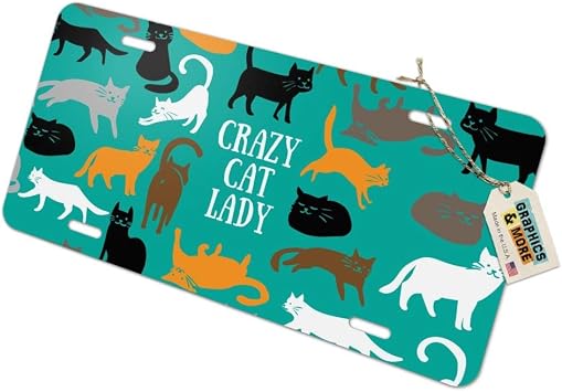 Crazy Cat Lady Teal Orange Black Brown Metal Vanity Tag License Plate