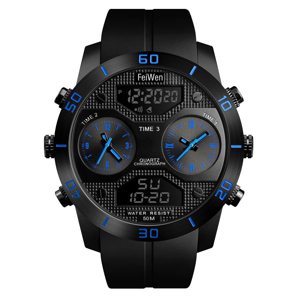 Hombre Fashion Outdoor Deportivo Relojes 50M Impermeable Cuarzo Analógico LED Electrónica Tres Tiempo Alarma Multifuncional Militar Digitale Reloj de Pulsera (Azul)