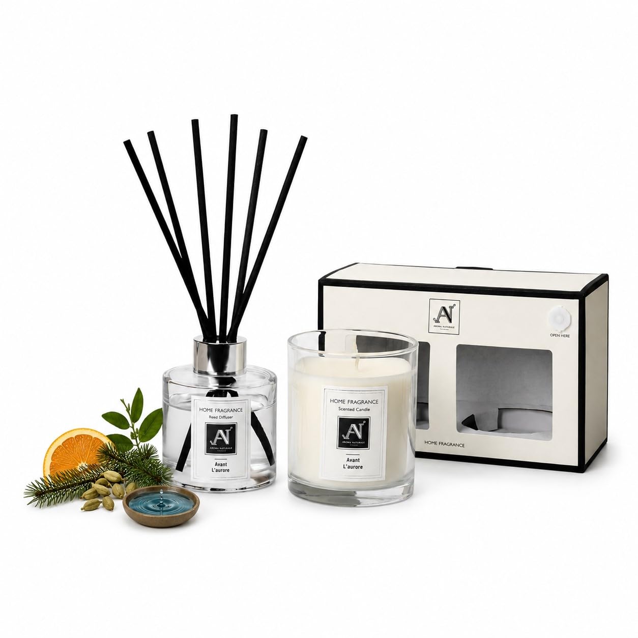 Aroma Naturals Scented Gift Box Candle and Reed Diffuser, Glass Jar Minimalist Luxe 206G, Metal Lid with Ribbon, 100ML Glass Diffuser Vessel with Metal Collar (Avant l’Aurore)