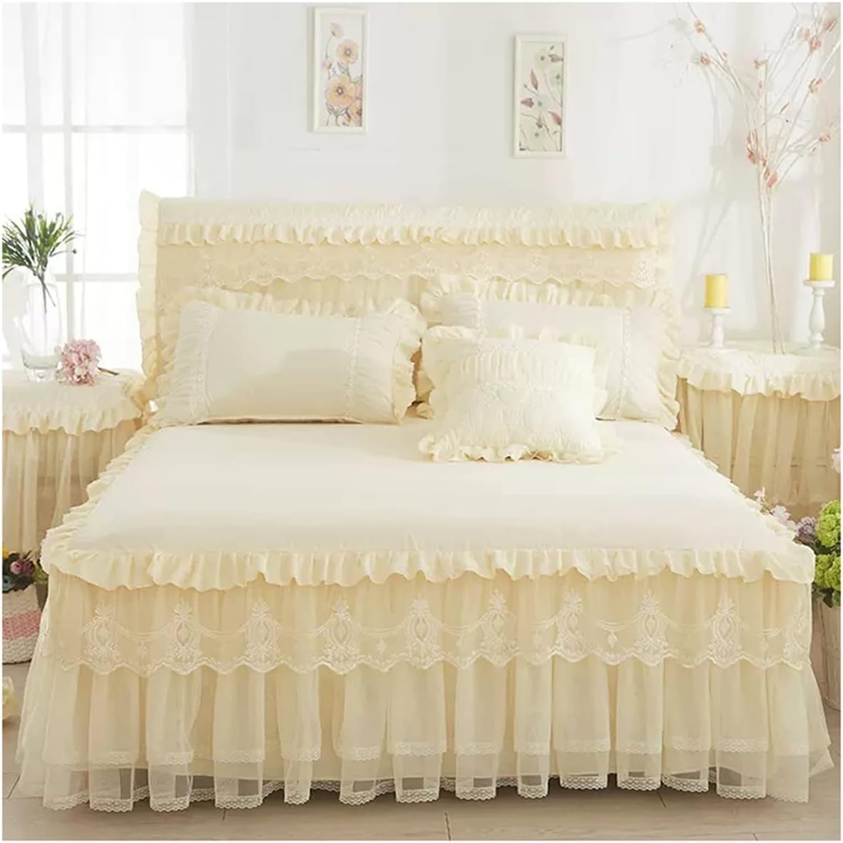 Lace Bed Skirt King Size Wrap Around Bed Skirt Sheet Set Leaf Ruffle Pleated Bedskirt for King Bed Decorative Bedspread with 2 Pillow Shams (Color : Pink, Size : 150x200cm)