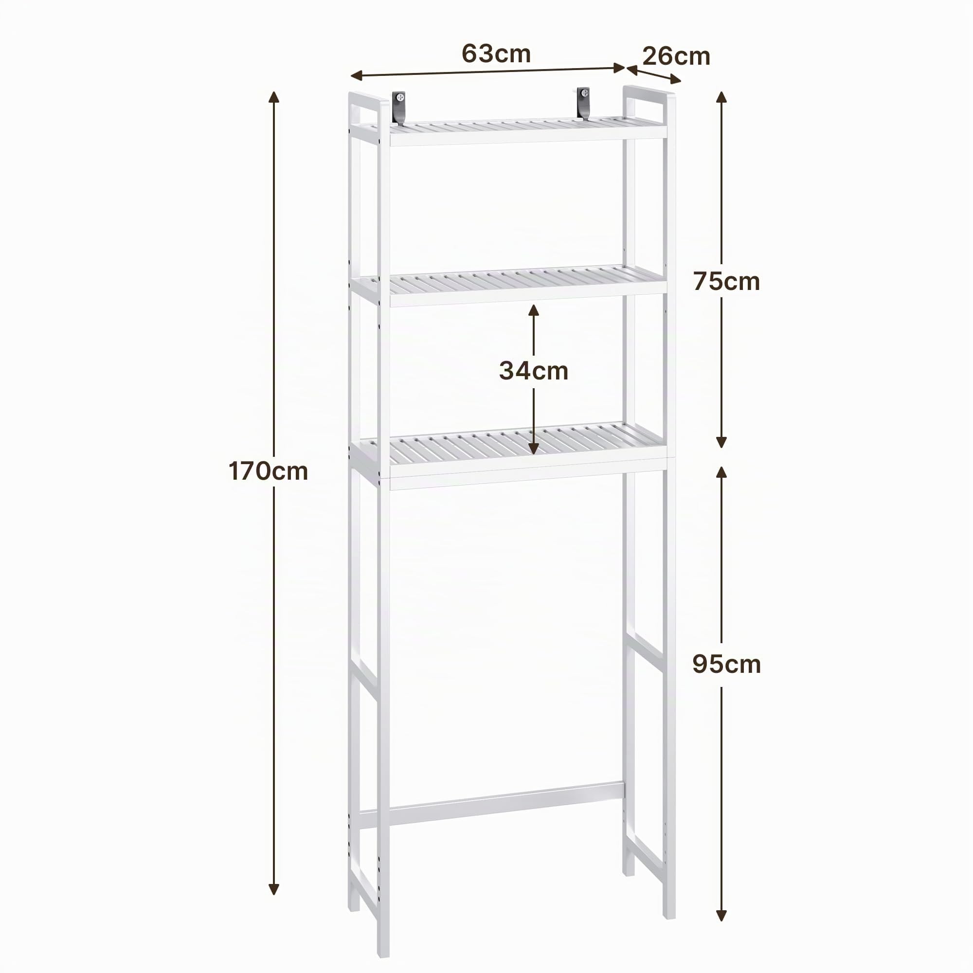 Estante para Inodoro, Estante de Baño de 3 Niveles, Estante de Almacenamiento para Baño, Estante para Lavadora, Estantes Ajustables, 26x63x170 cm (Blanco)