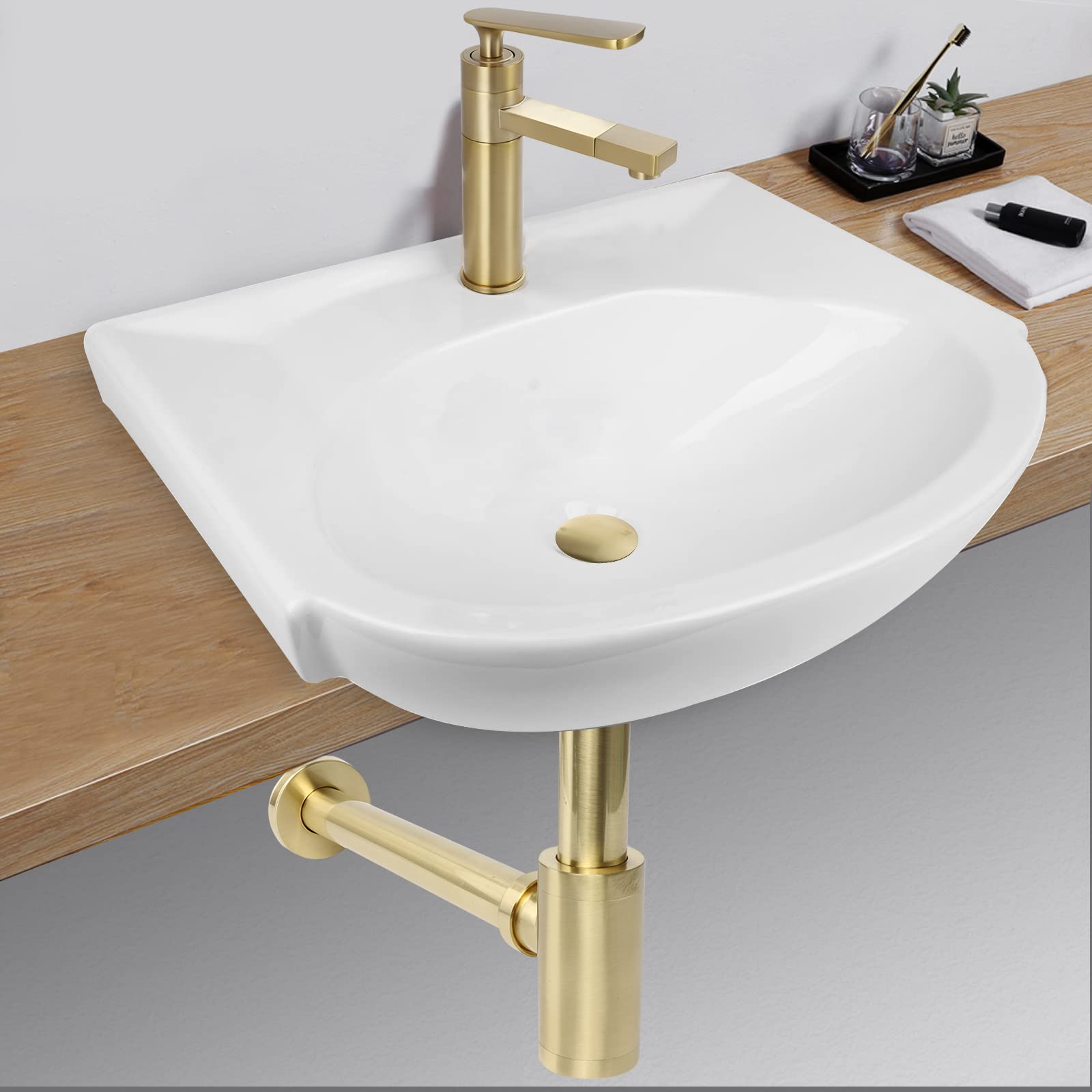 Design Siphon pour lavabo avec garniture de vidage, vanne pop-up sans trop-plein, siphon universel en laiton, piège à odeur pour salle de bain avec joints d'étanchéité, ouverture de nettoyage (Or