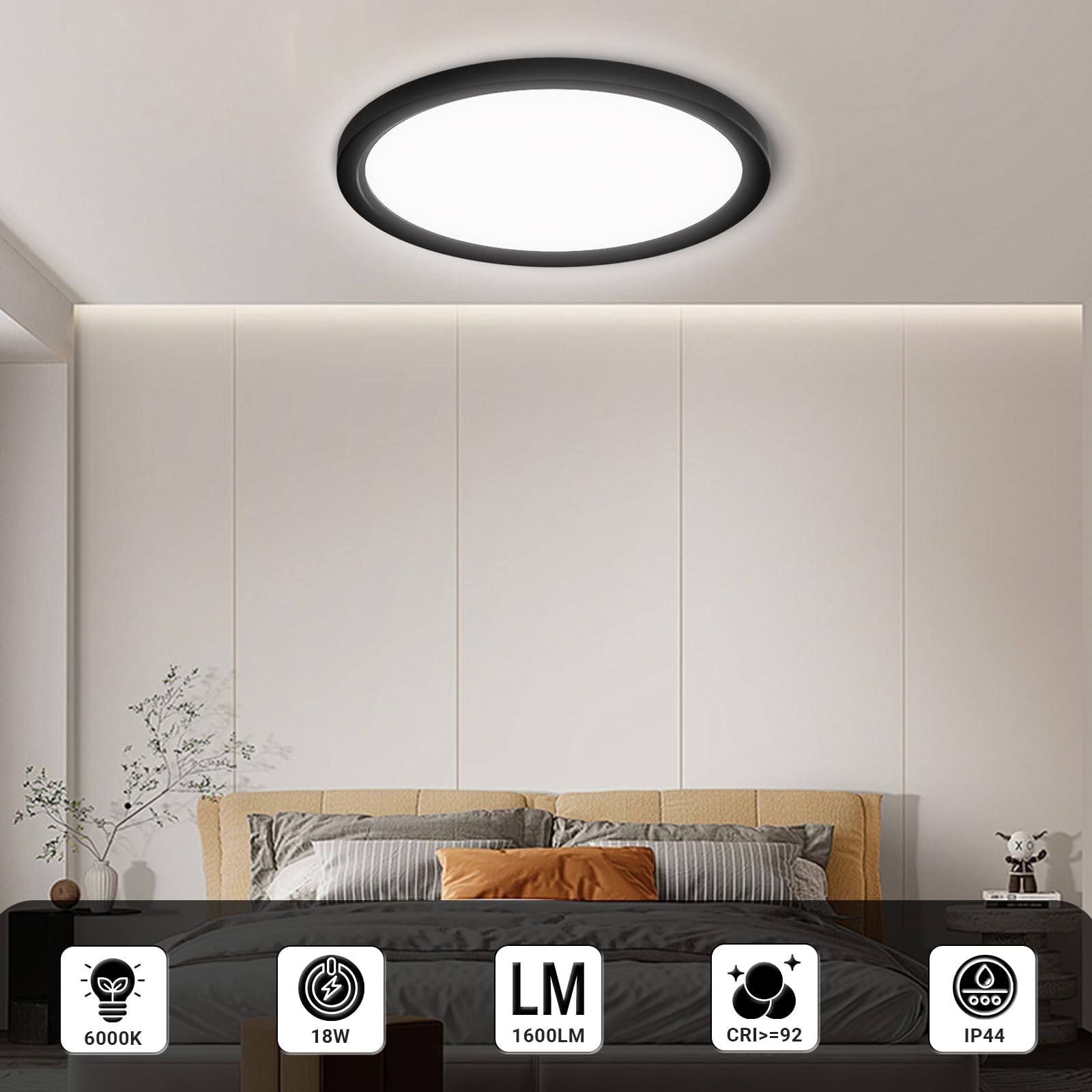 LQWELL® Plafoniera Lampada da soffitto a LED, Lampada da bagno impermeabile IP44 Rotonda Piatta 18W 6000K 1600LM Sottile per Soggiorno Bagno Camera da letto Cucina Seminterrato Ufficio, 220 * 24mm