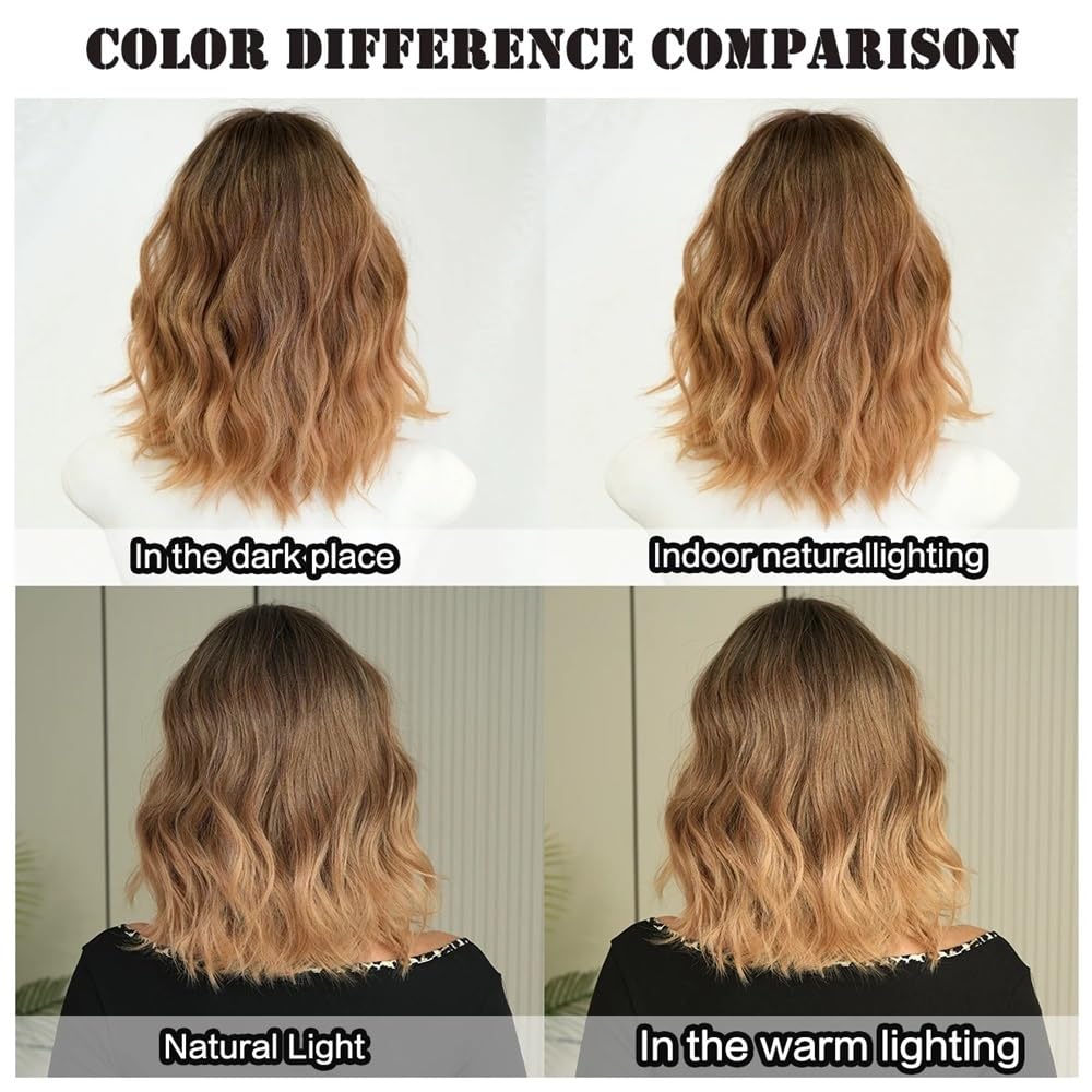 Peruki ombre blond z grzywką, 30 cm, syntetyczne peruki z falami wodnymi dla kobiet, do codziennego użytku, puszyste i naturalne