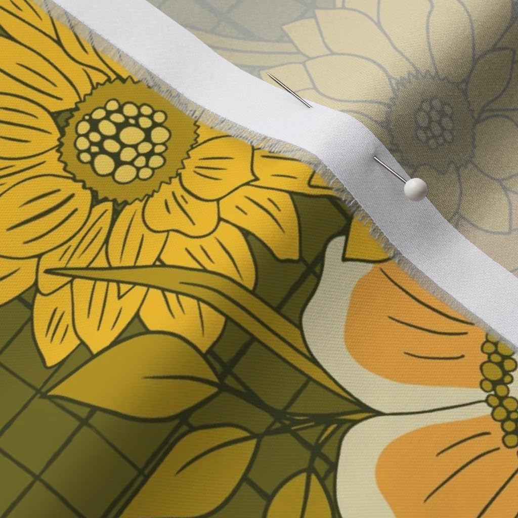 Spoonflower Fabric - 1970S Retro Avocado Green Yellow Hippie Groovy Daisies Flower Power Printed on Organic Cotton Sateen Fabric by The Yard - Sewing Quilting Apparel Home Decor
