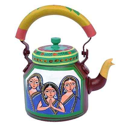 iHandikart 3 Women Handpainted Traditional Aluminium Decorative Tea Kettle (1 L, 22 cm, Multicolour)