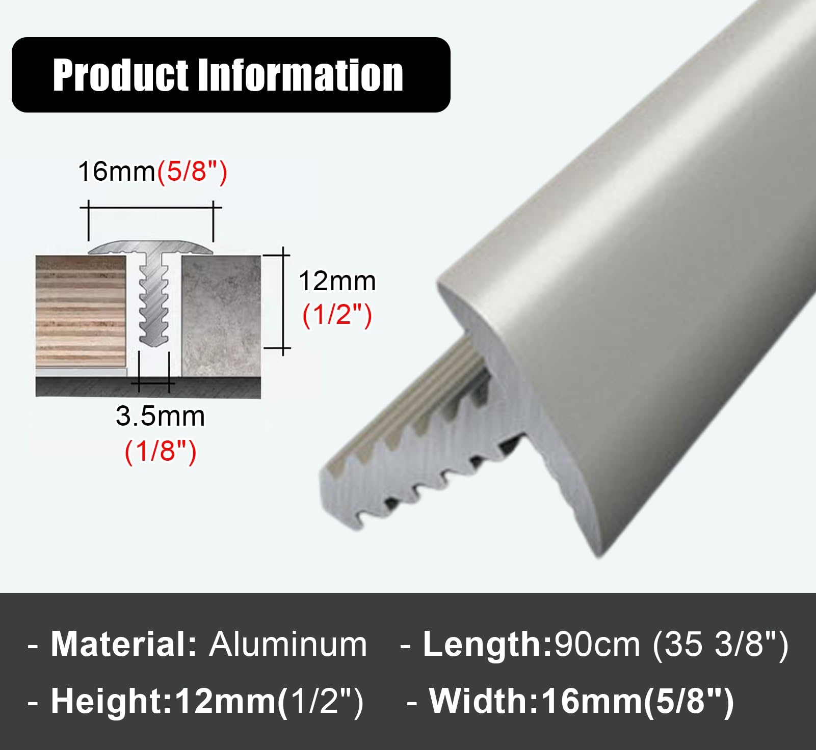 Aluminiowa listwa przejściowa do łączenia drewna z płytkami – 90 cm, szerokość 16 mm, trwała listwa wykończeniowa progu podłogowego(Gray)