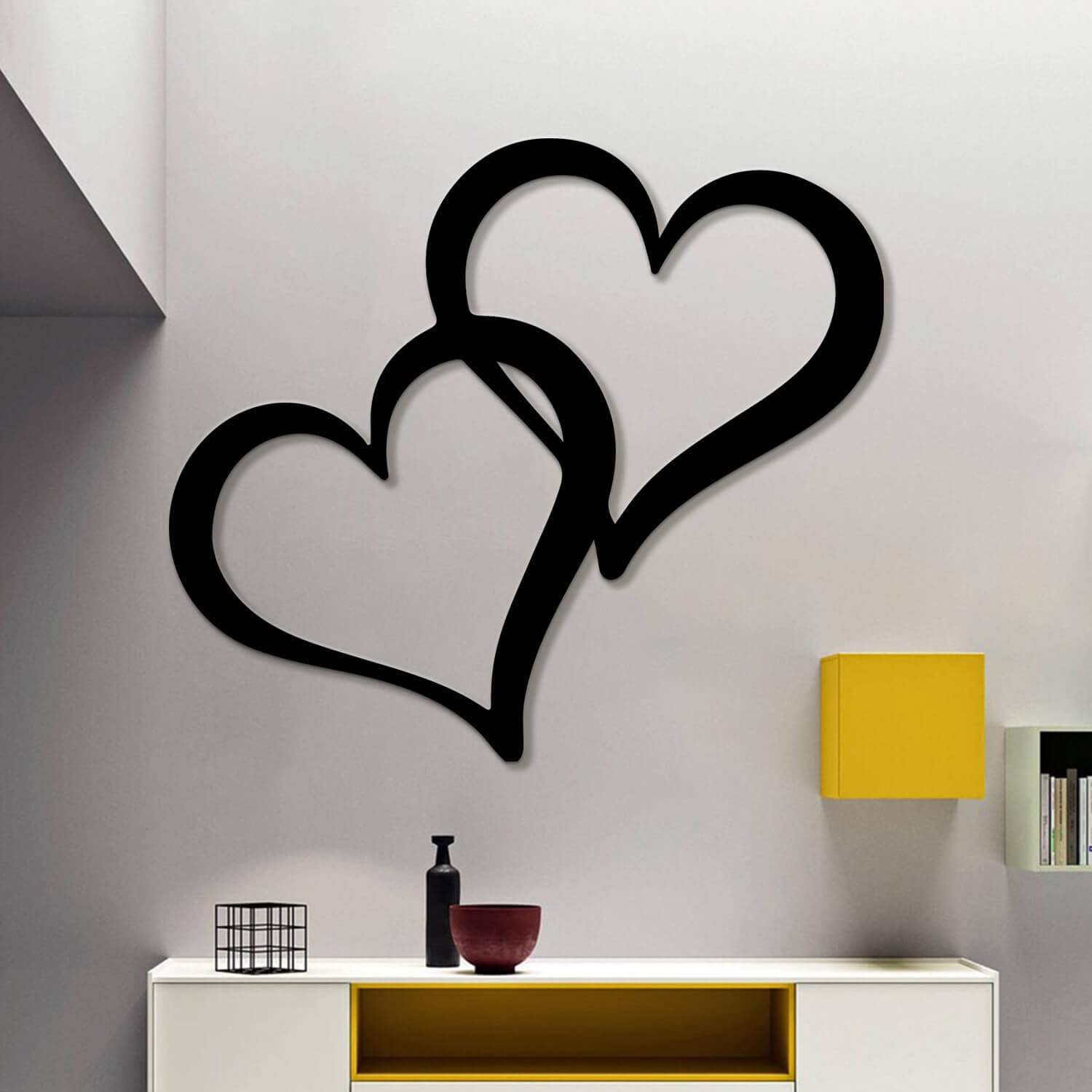Decoración de Pared de Corazones entrelazados de Metal Negro, decoración de Pared de Pareja de Corazones Dobles de Metal, Escultura Moderna de decoración de Arte de corazón para Sala de Esta