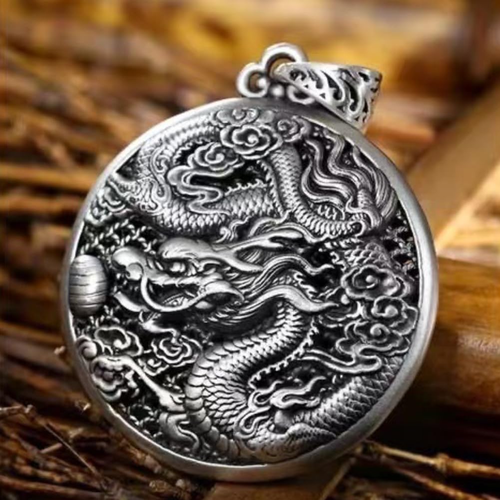 Chinese Style Style Dragon Tag Pendant Silver Men's Zodiac Dragon Circular Pendant Fashion Personality Men's Necklace