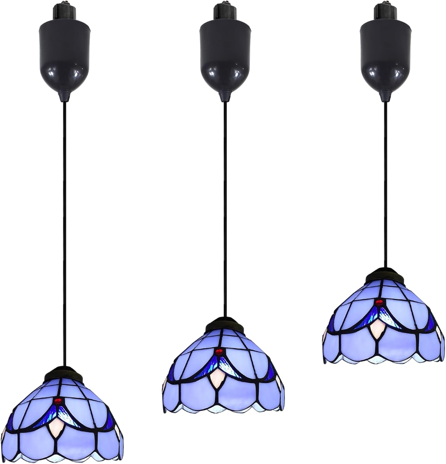 6 inches Adjustable Cord Length Halo Track Lighting Pendants, 4 Ft Cord, H-Type Track Blue Tiffany Stained Art Glass, E26 Socket Track Mount for Kitchen Island Sloped Vaulted Ceiling