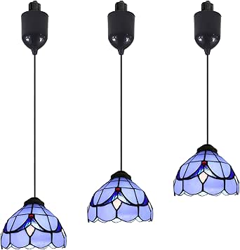 6 inches Adjustable Cord Length Halo Track Lighting Pendants, 4 Ft Cord, H-Type Track Blue Tiffany Stained Art Glass, E26 Socket Track Mount for Kitchen Island Sloped Vaulted Ceiling