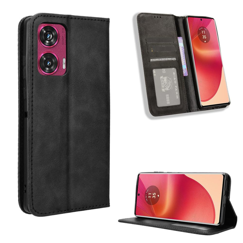 COMAKU Compatible with Motorola Edge 50 Fusion Case Leather - Flip Cover Protection magnetic Phone Case wallet with Card Holder - Black