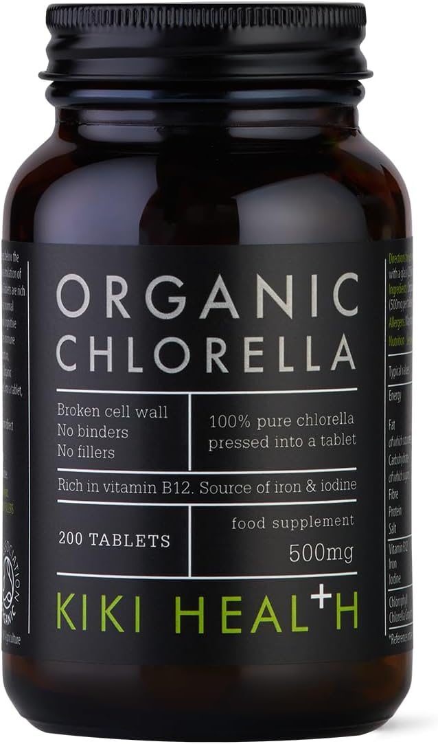 KIKI Health Organic Chlorella Tablets | 100% Organic Chlorella - Digestive, Immune, Brain Health | Natural Source of Vegan Protein &amp; Vitamins | Superfood for Detox Support, 200 Tablets 500mg