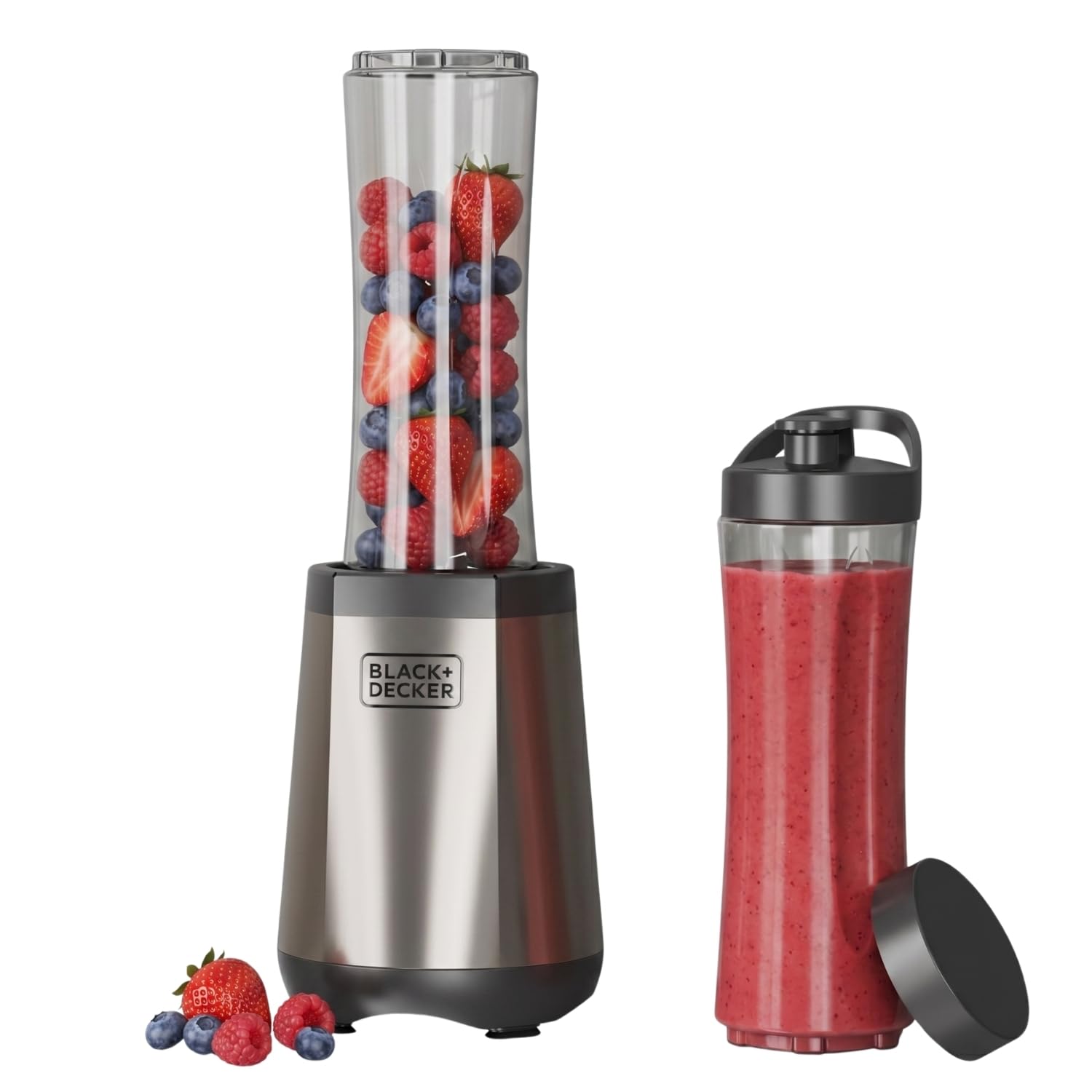 Black+Decker- Batidora de vaso individual | 500W | 600ml | 2 Vasos Portátiles| 4 Cuchillas Inox 304 | Pica Hielo | Apta para Lavavajillas | Base Antideslizante | Acabados Antihuellas
