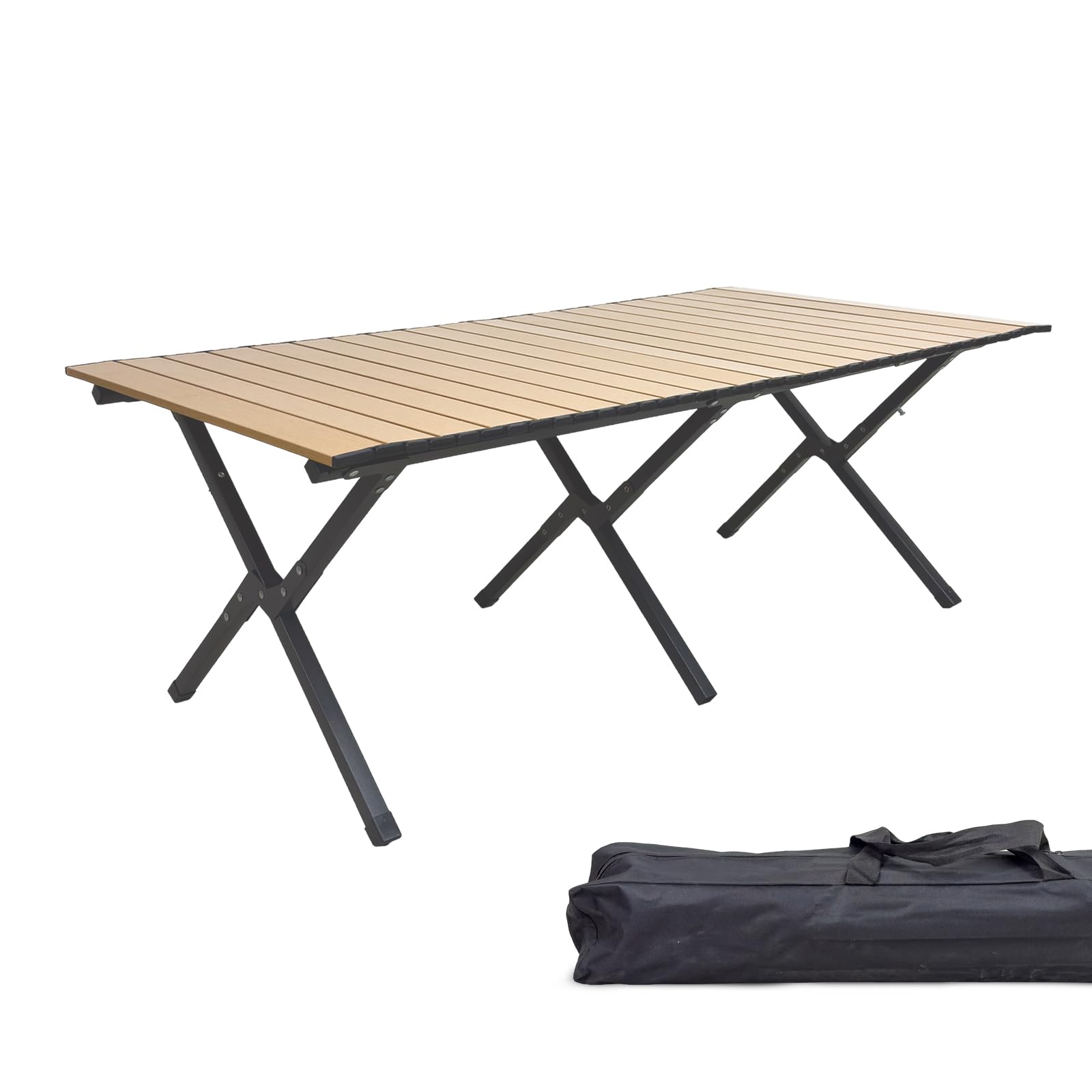 Grafner XXL Campingtisch in Holzoptik klappbar, 118 x 58 x 43 cm, niedrige Ausführung, kleines Packmaß mit Tasche, stabil und tragbar, bis 50 kg, Carbonstahl, Rolltisch Klapptisch Picknick Tisch Holz