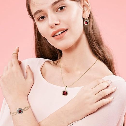 Set Gioielli Donna Floreale Con Cristalli Rossi - Collana E Orecchini Eleganti Per Matrimoni E Cerimonie