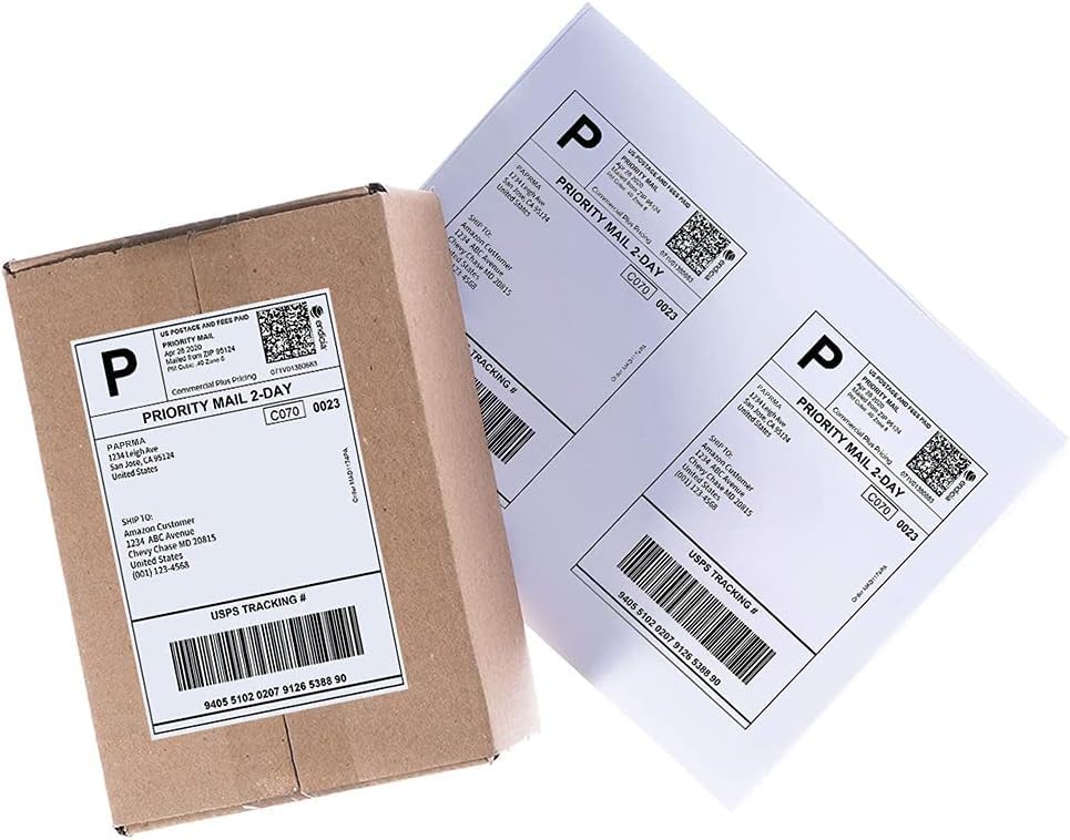Image of Half Sheet 8.5x5.5inch Shipping Mailing Label 200 Counts, 2 Labels Per Sheet 8.5 x 11 for Laser & Inkjet Printer, Permanent Adhesive Label Square Corner (100 Sheets)