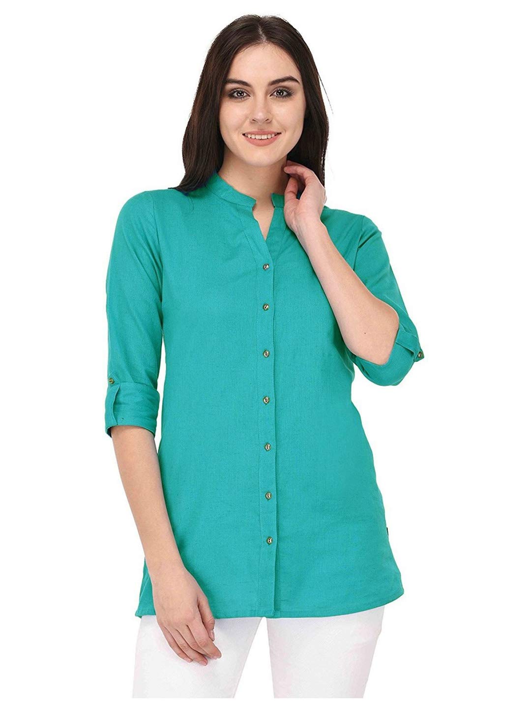 Vastraa FusionStraight Cotton Flex Short Kurta/Kurti/Shirt for Women -Rama Green