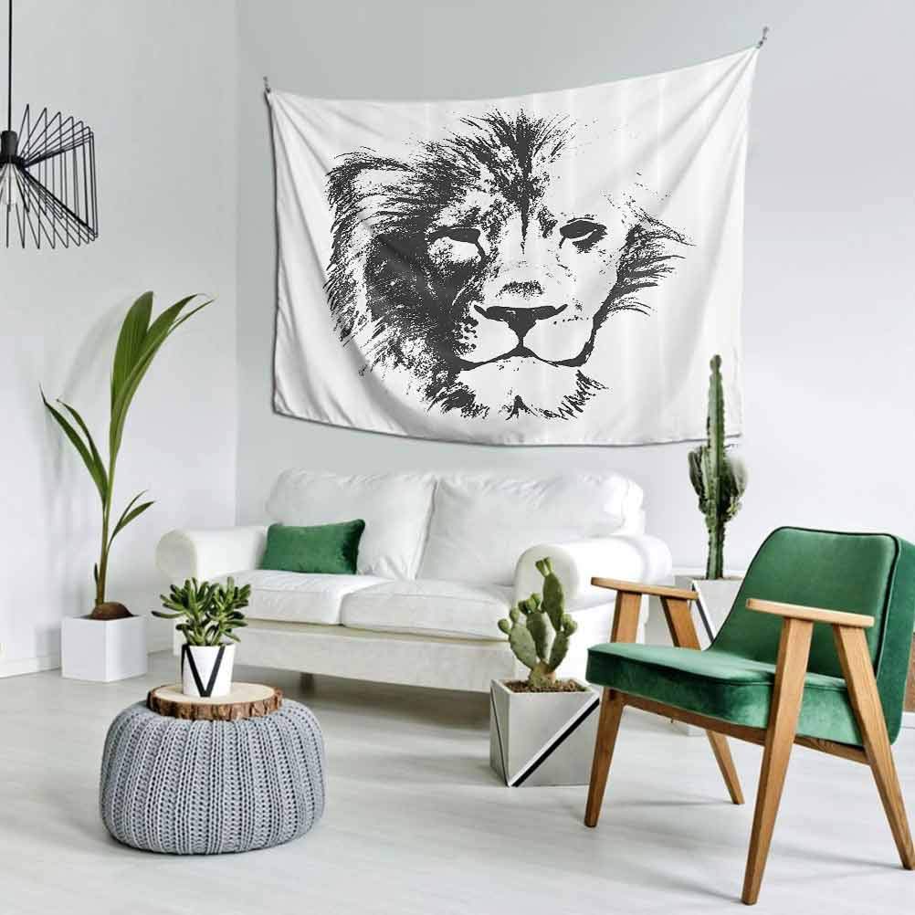 Tattoo Decor Printed Tapestry Small （60x40 Inch） The King of The Jungle Pencil Drawing Handmade Majestic Lion Head Image Easy to Hang Grey and White