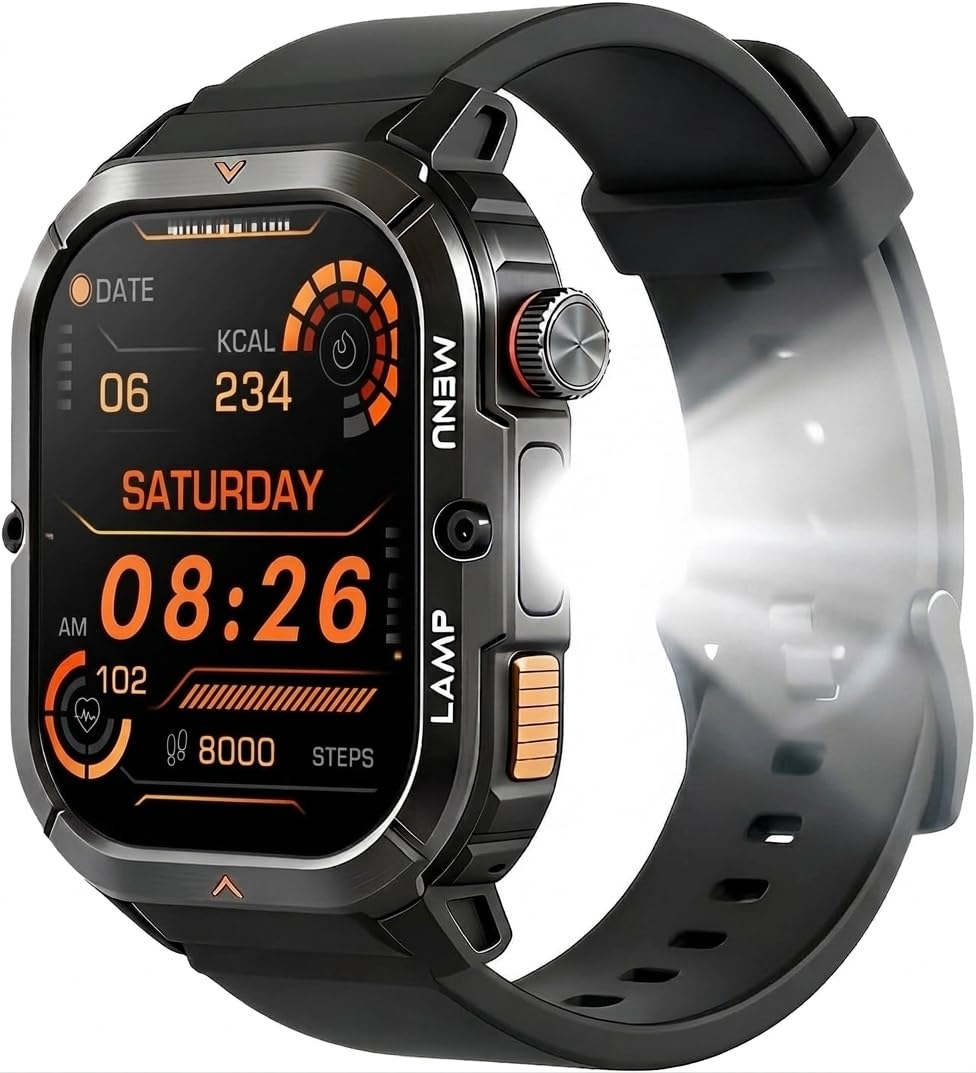 AGM Legion 3 Montre Connectée Militaire Indestructible,Écran AMOLED 1,95" | Étanche 5 ATM, Appel/Message Bluetooth,Lampe LED Latérale, Plus de 100 Modes Sportifs(Android/iOS)