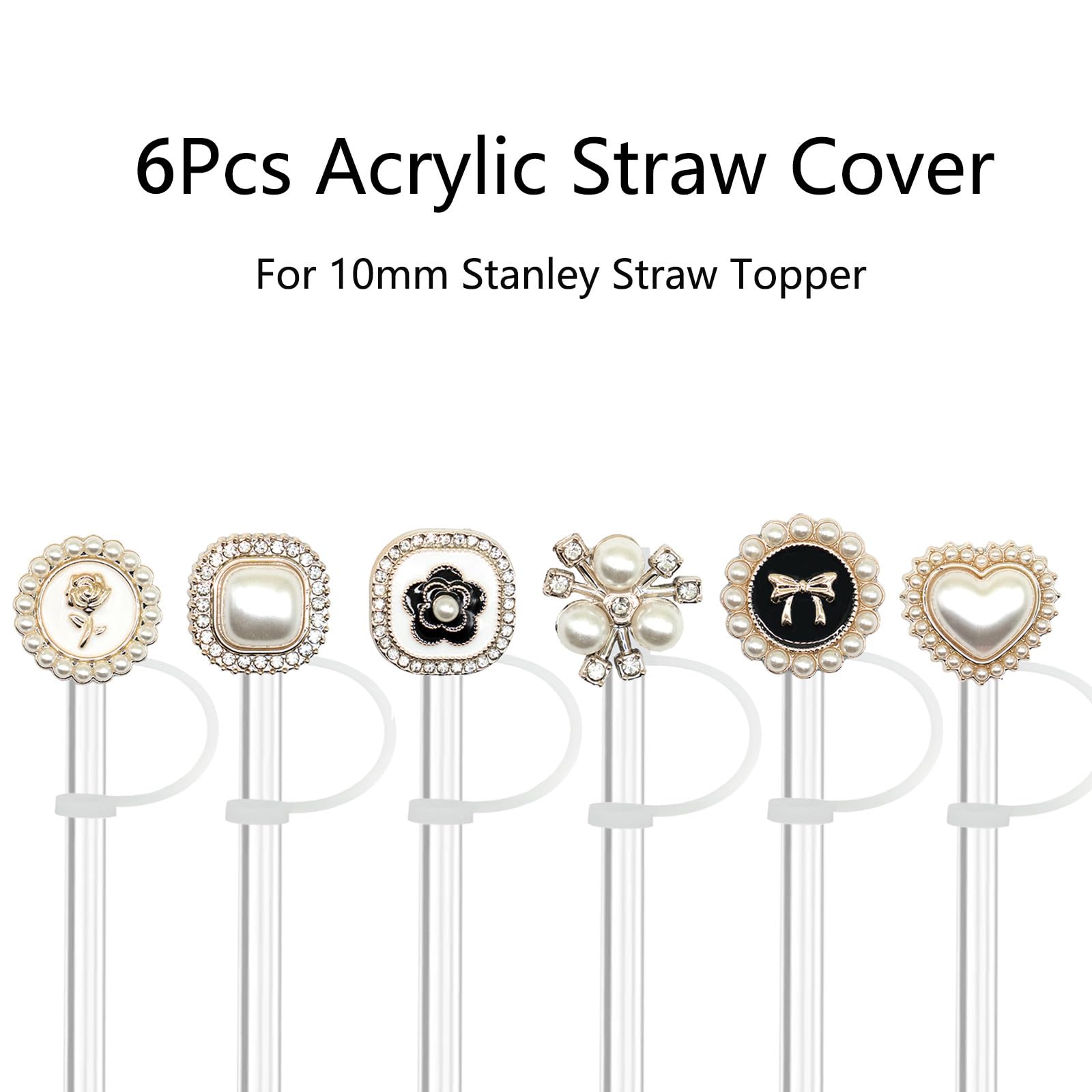 6Pcs Acrylic Straw Cover, Reusable Straw Toppers Drinking Straw Covers Cute Silicone Straw Cap For 10mm Stanley Straw Topper(pearl)