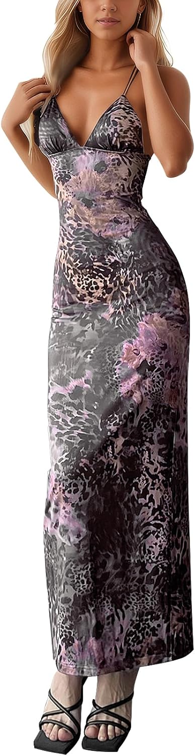 Womens Sexy Maxi Dress Halter Top Backless Floral Print Bodycon Long Dresses Elegant Slim Fit Party Night Cocktail Outfits - Image 5