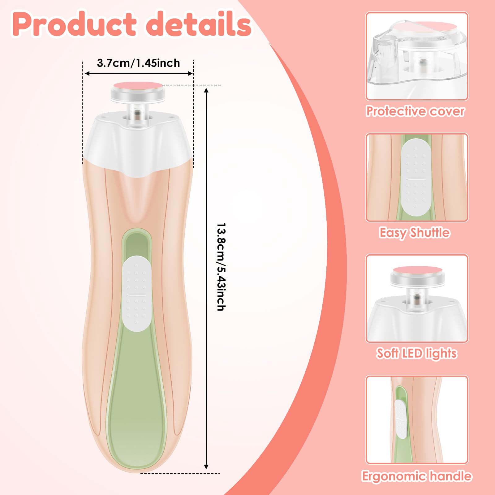 Baby Nail File Electric Baby Nail Care for Toenails and Fingernails, Lightweight USB Charging Babys Nails Clipper, Low Noise Stepless Speed Control Electric Nails File for Newborn Infants(Pink)