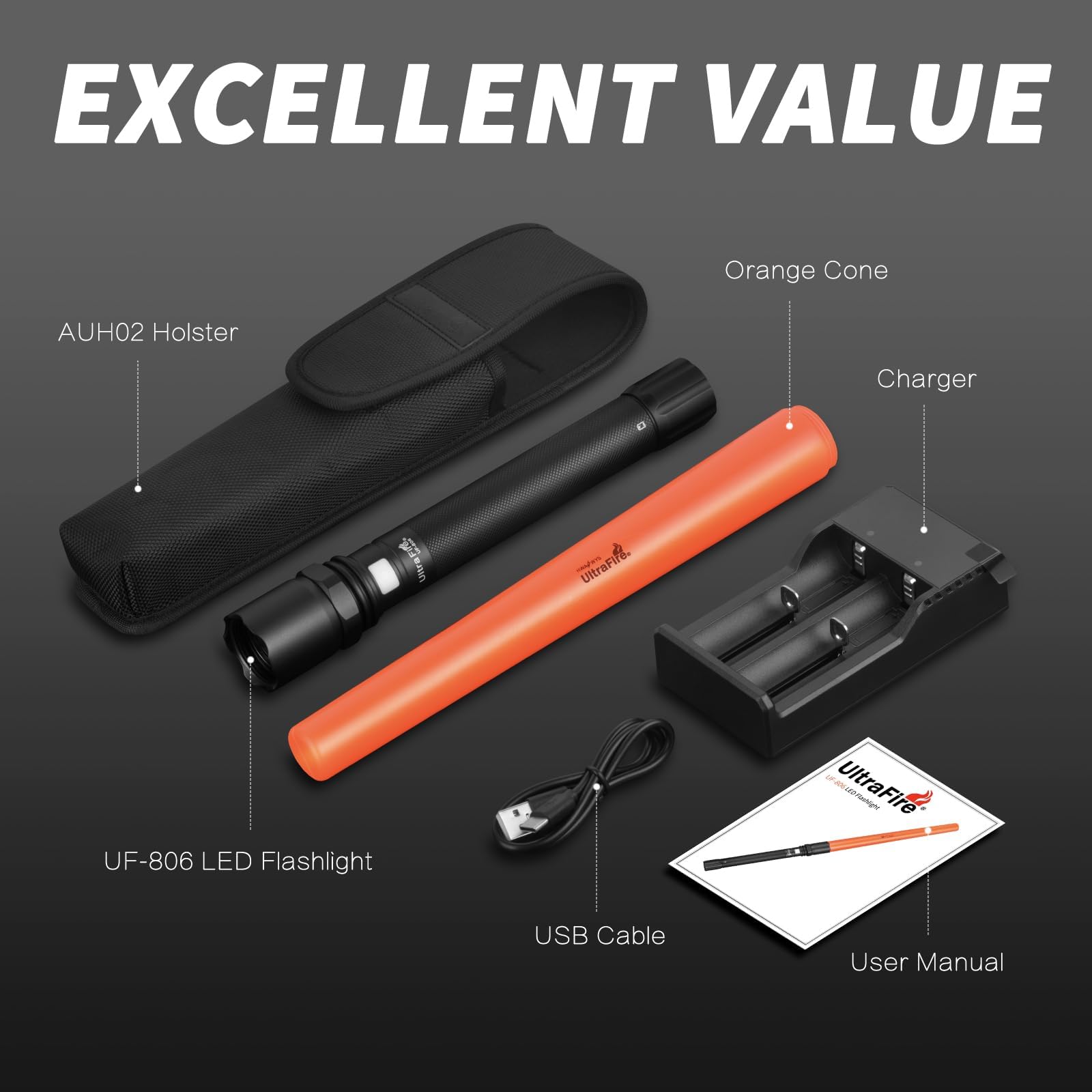 ULTRAFIRE Linterna de control de tráfico de 19 pulgadas con funda, linterna de señal de 850 lúmenes, 3 modos con modo estroboscópico rojo, para departamento de bomberos, aeropuerto, estacionamiento,