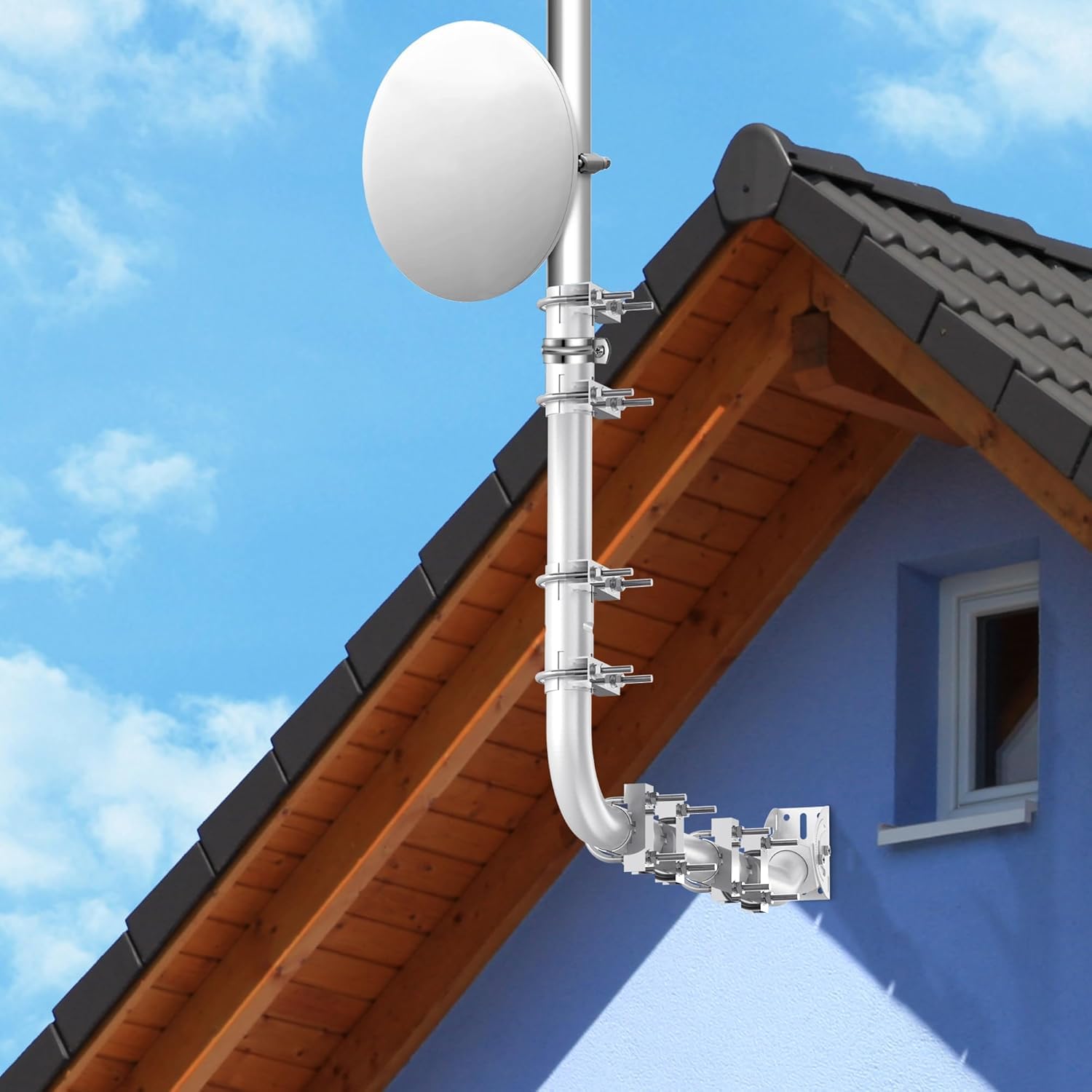 Montageset für Lange Wandantenne – Halterung für Lange Dachrinnenstangen, komplett mit 90° Winkel, Verlängerungsrohr, Verbindungsadapter und Schrauben. Perfekt für Externe TV-Antennen