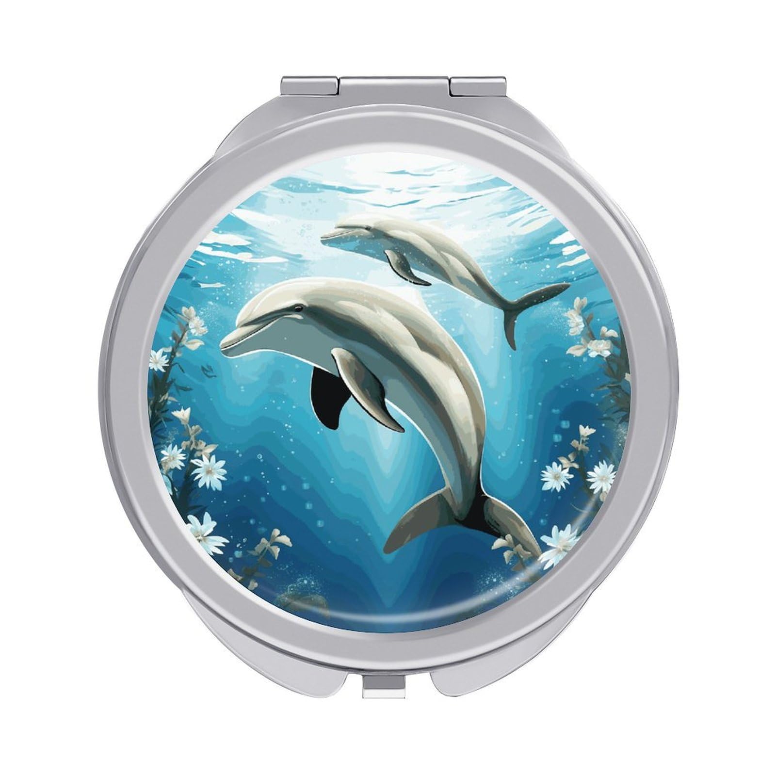 Fekiloot Style Kiss Dolphin Tale Travel Makeup Mirror Handheld Compact Mirror Portable Pocket Mirror Double-Sided 1X/2X Magnifying For Handbag And Purses