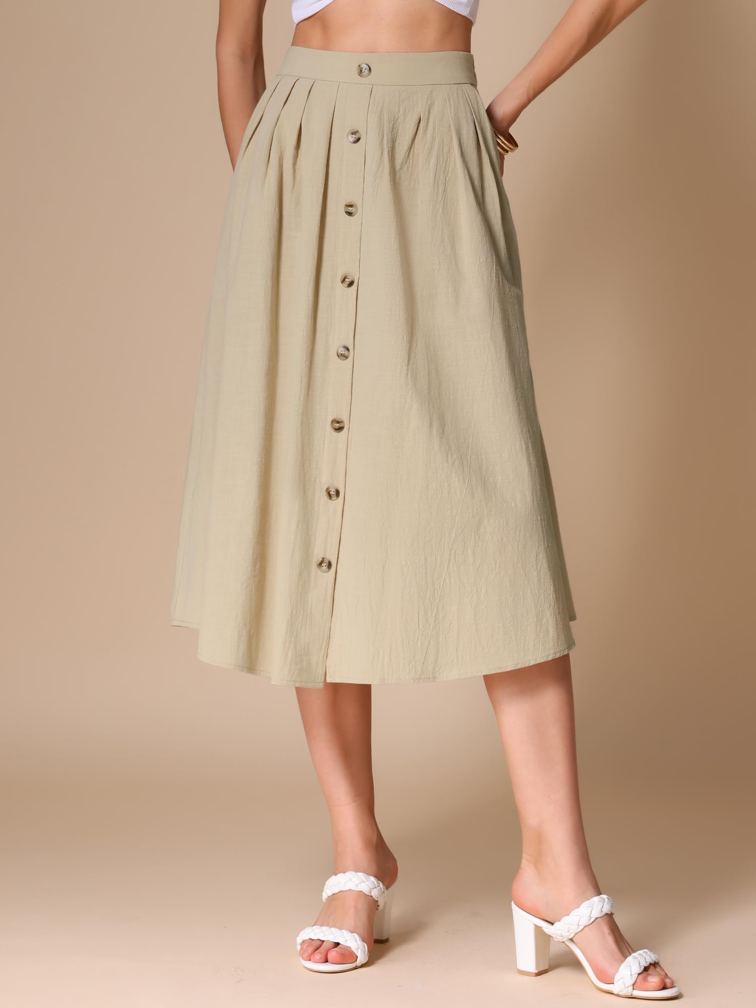 Allegra K Gonna midi in cotone per donna estiva casual con bottoni decorativi in vita elastica gonne a trapezio con tasca