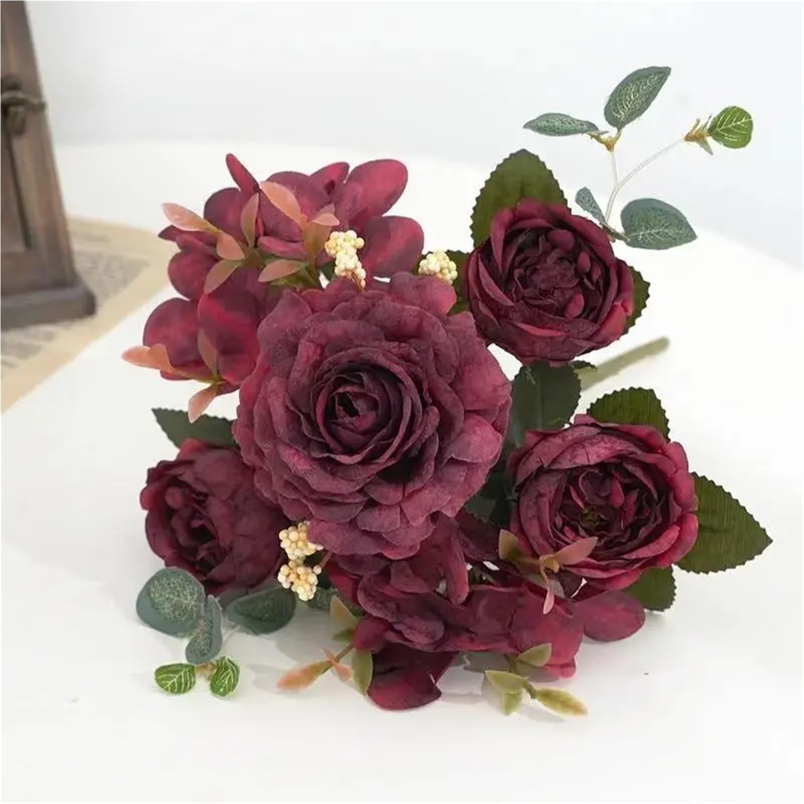 WHMWT 1/4pcs Artificial Flowers Silk Rose Bouquet Hydrangea Peony Bridal Holding Fake Plants Home Room Wedding Decoration Diy Gift Box(Red,4Pack)
