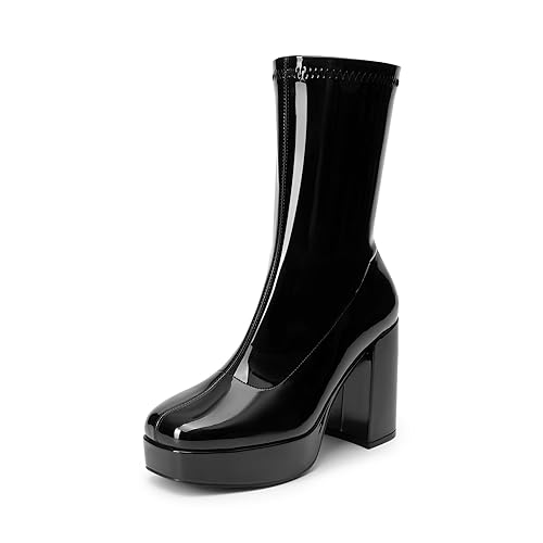 DREAM PAIRS Women's Mid Calf Gogo Boots Platform High Chunky Block Heel Square Toe Ankle Boots - 10 - Black-pat