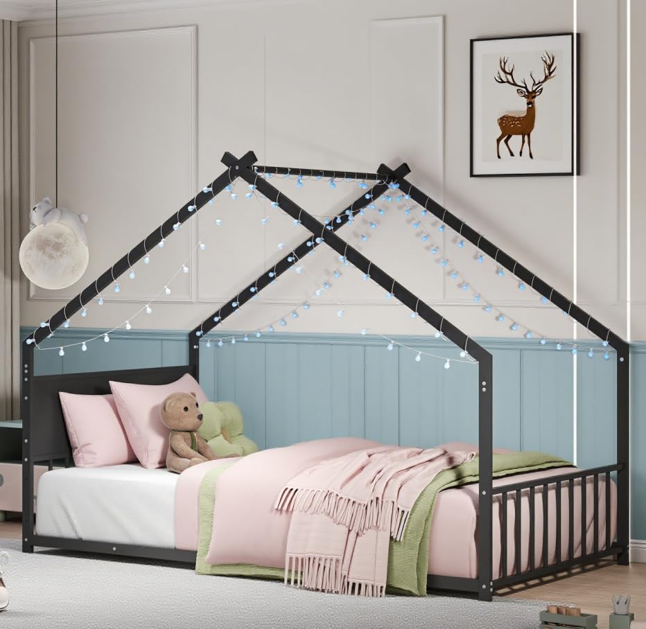 Bellemave Twin Size Floor BedFrame with Slats for Kids, Metal Montessori Floor Beds with high headboard, Twin House Bed for Kids, Black with roof and