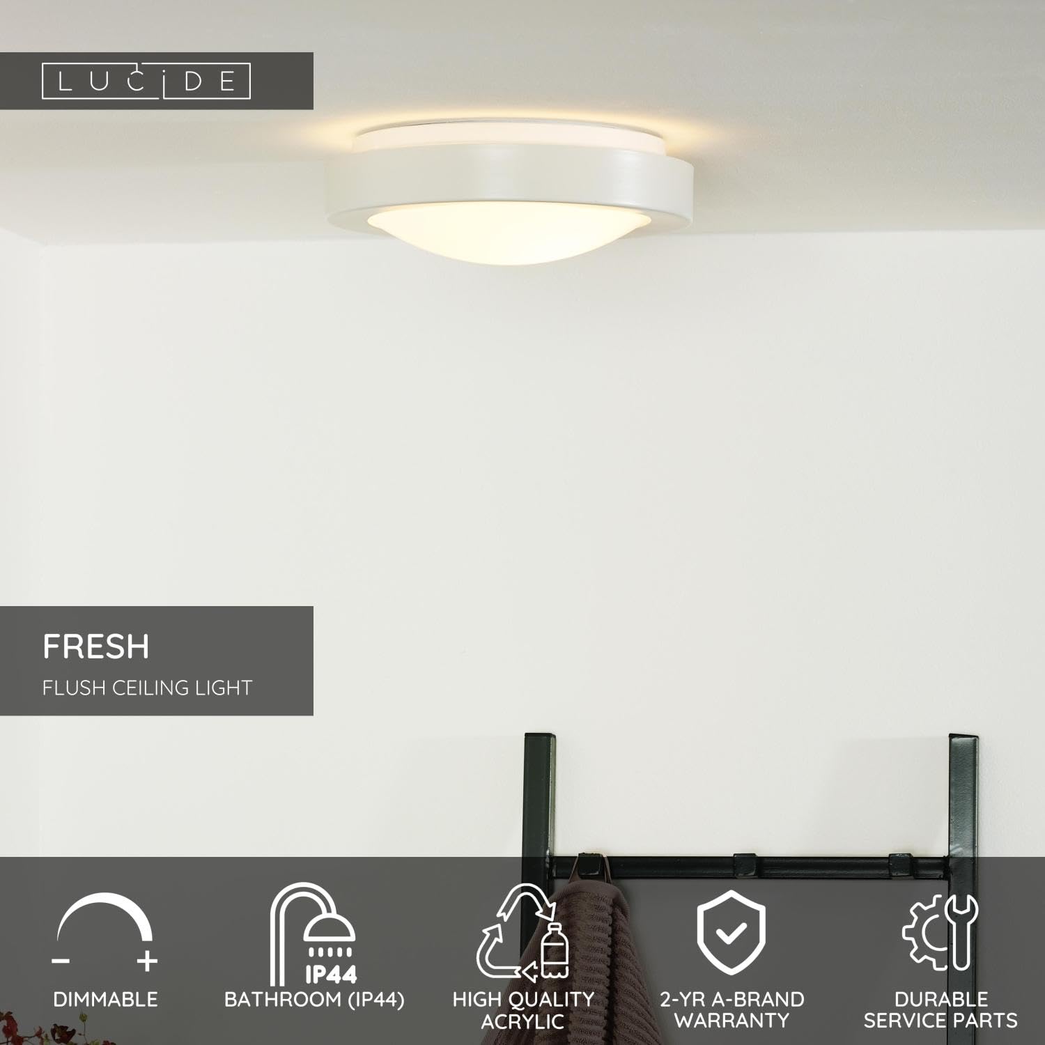 Lucide FRESH - Deckenleuchte Badezimmer - Ø 27 cm - 1xE27 - IP44 - Weiß