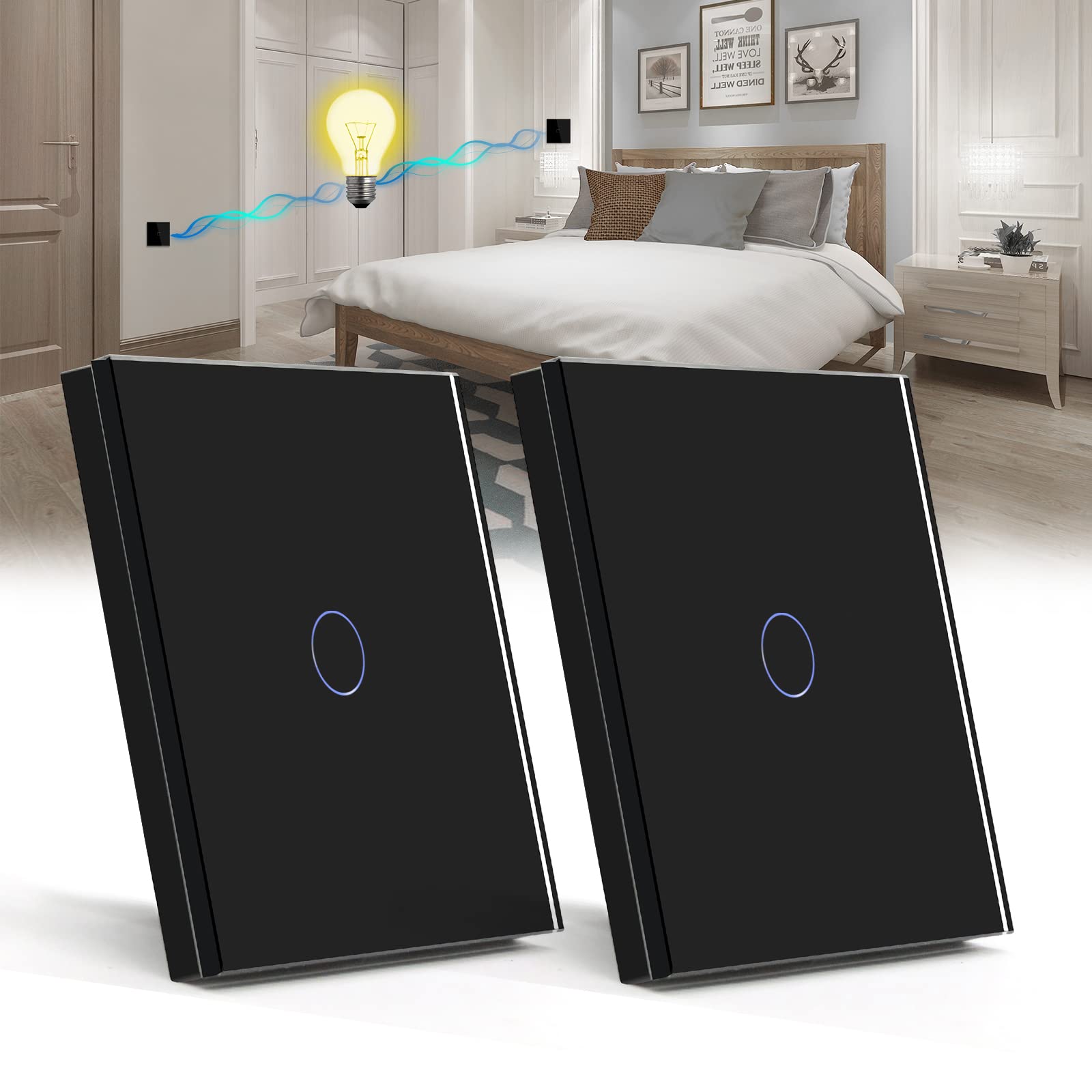 BSEED 2 Pack Touch Light Switch 1 Gang 2 Way, Tempered Glass Panel Light Switches with LED Indicator, Black Touch Sensitive Light Switch-No Neutral Wire — image 1