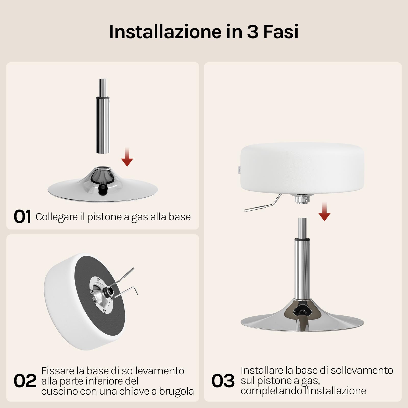 WOLTU Sgabello da Trucco Rotondo Girevole Regolabile in Altezza, Sgabello Imbottito per Toeletta, Sedia da Cucina in Pelle Sintetica, Altezza Seduta 54-69 cm, Bianco