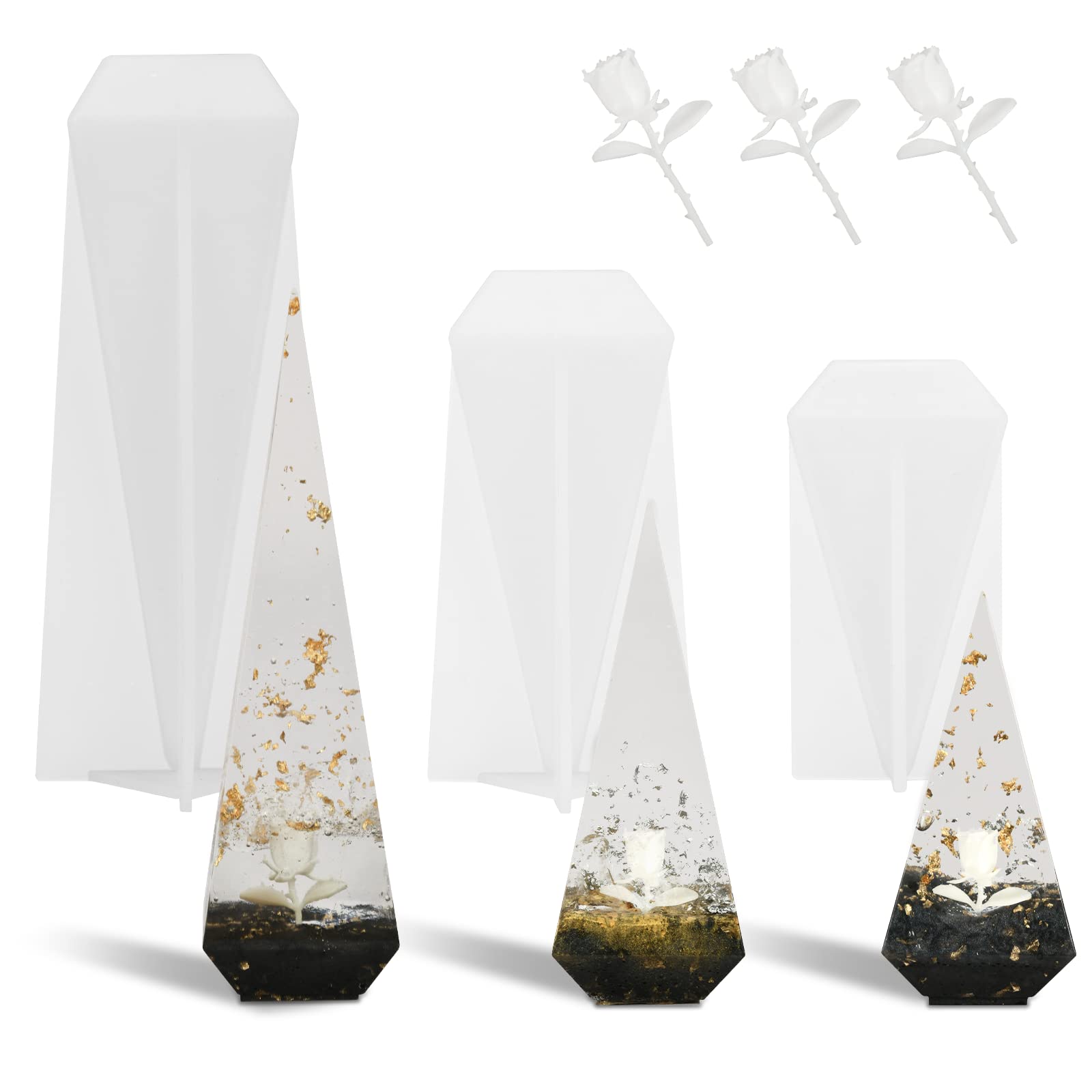 Sturdy Ring Cone Holder Resin Mold 3 Sizes with 3Pcs 3D Rose Resin Fillers, Pyramid Silicone Candle Epoxy Molds for DIY Soap Jewelry Display Rings Stand Home Decors