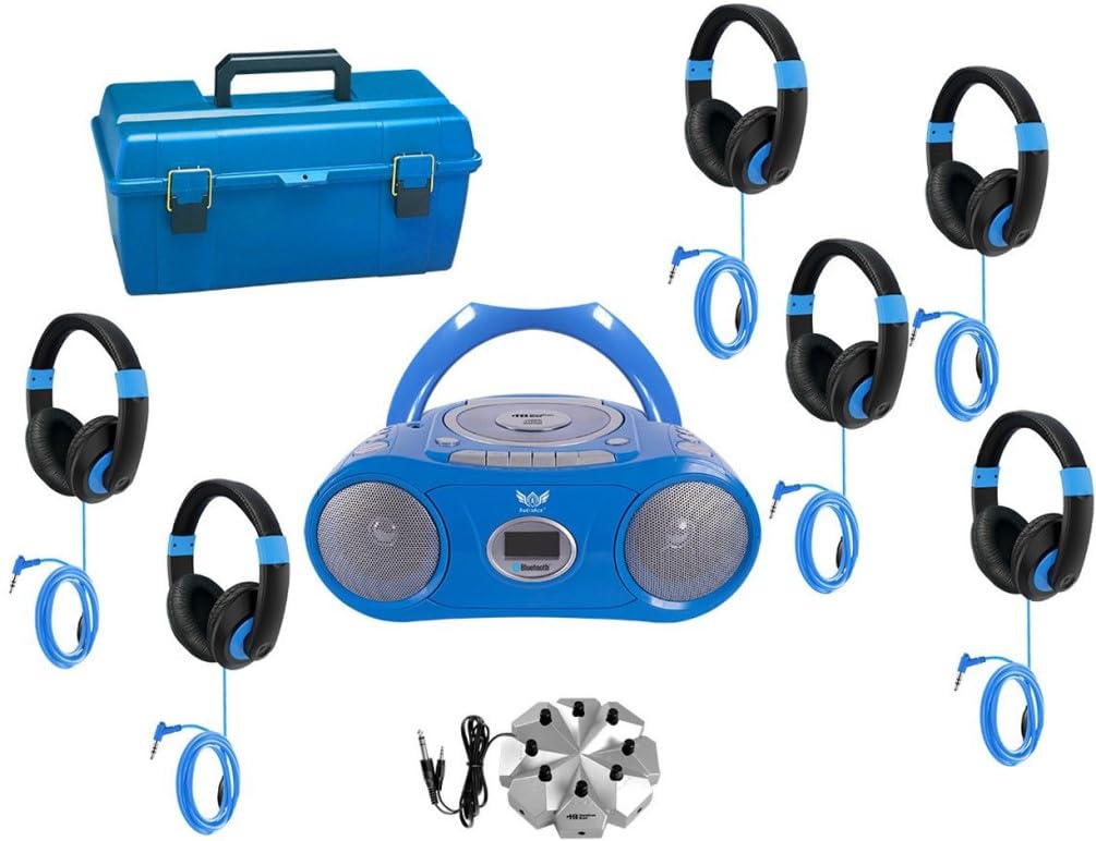 HamiltonBuhl LCP/CD385/6STB 6-Station Listening Center with AudioAce Bluetooth Boombox, 6 Smart-Trek Deluxe Headphones with Blue Accents, Jackbox, and Carry Case