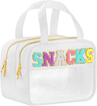 BuyCard Chenille Letter Clear Makeup Bags for Travel, Preppy Patch Nylon Cosmetic Pouch with Handles and Zipper, Waterproof Large Clear Toiletry Purse Storage for Women, White