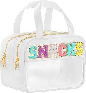 BuyCard Chenille Letter Clear Makeup Bags for Travel, Preppy Patch Nylon Cosmetic Pouch with Handles and Zipper, Waterproof Large Clear Toiletry Purse Storage for Women, White