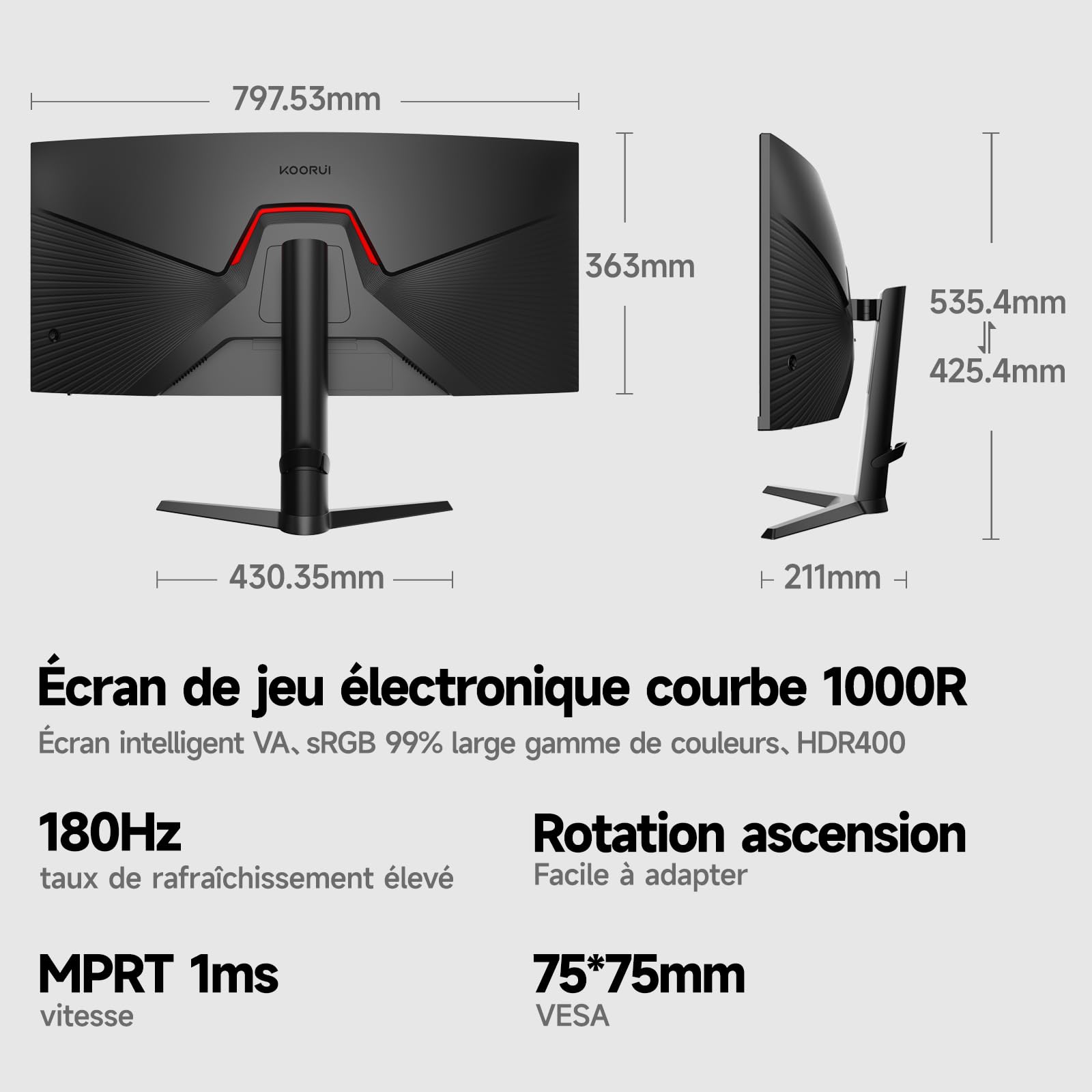 KOORUI 34 Cale Szeroki Krzywy Gamingowy Monitor 1000R 180Hz 1ms MPRT, Panel VA WQHD 3440x1440, HDR400 99% sRGB 90% DCI-P3, Zgodny z FreeSync/G-Sync, 2xHDMI 2.0/DP 1.4, PIP/PBP,15 Językach