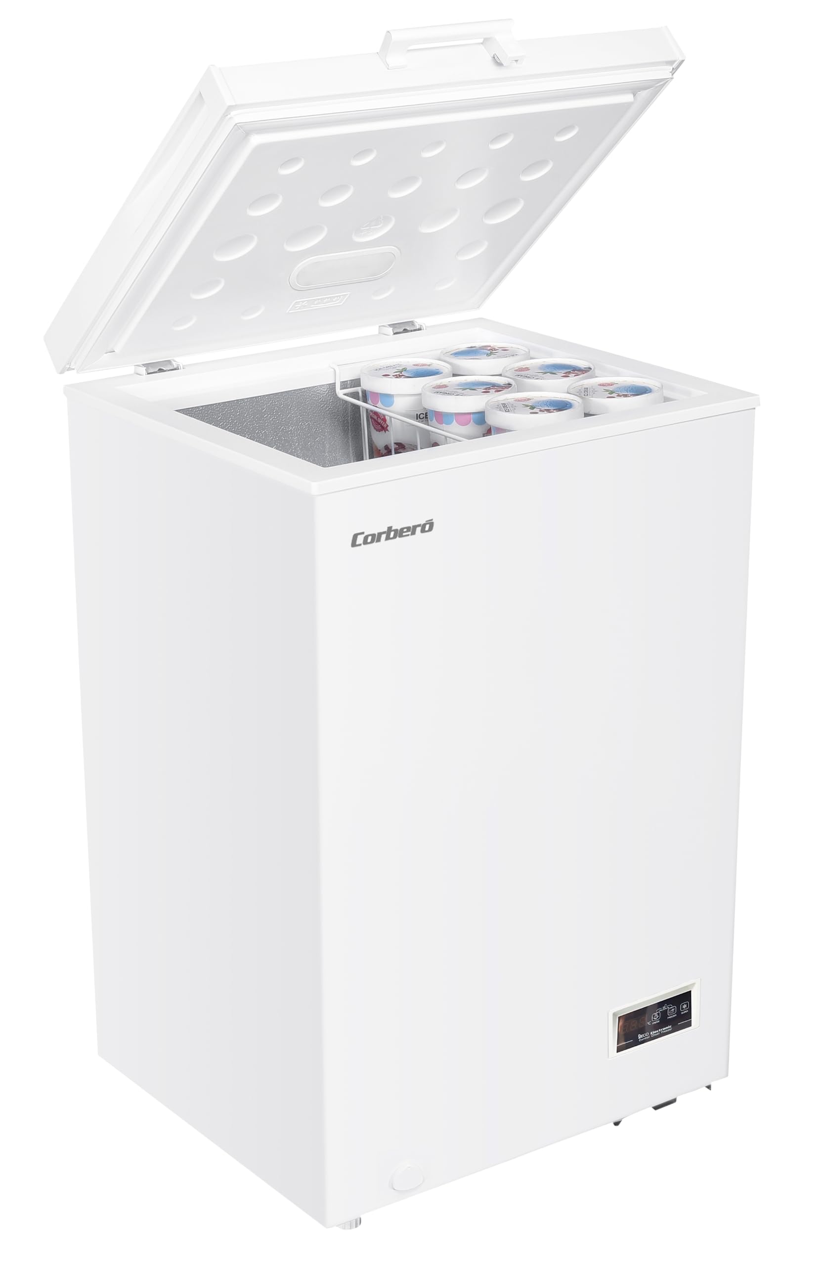 Corberó - Congelador Arcón 98L CCHH10023E | Control Electrónico con Display | Luces LED | 1 Cesta Interior | Ruedas y Patas Ajustables | 40 Db | Eficiencia Energética F, Blanco