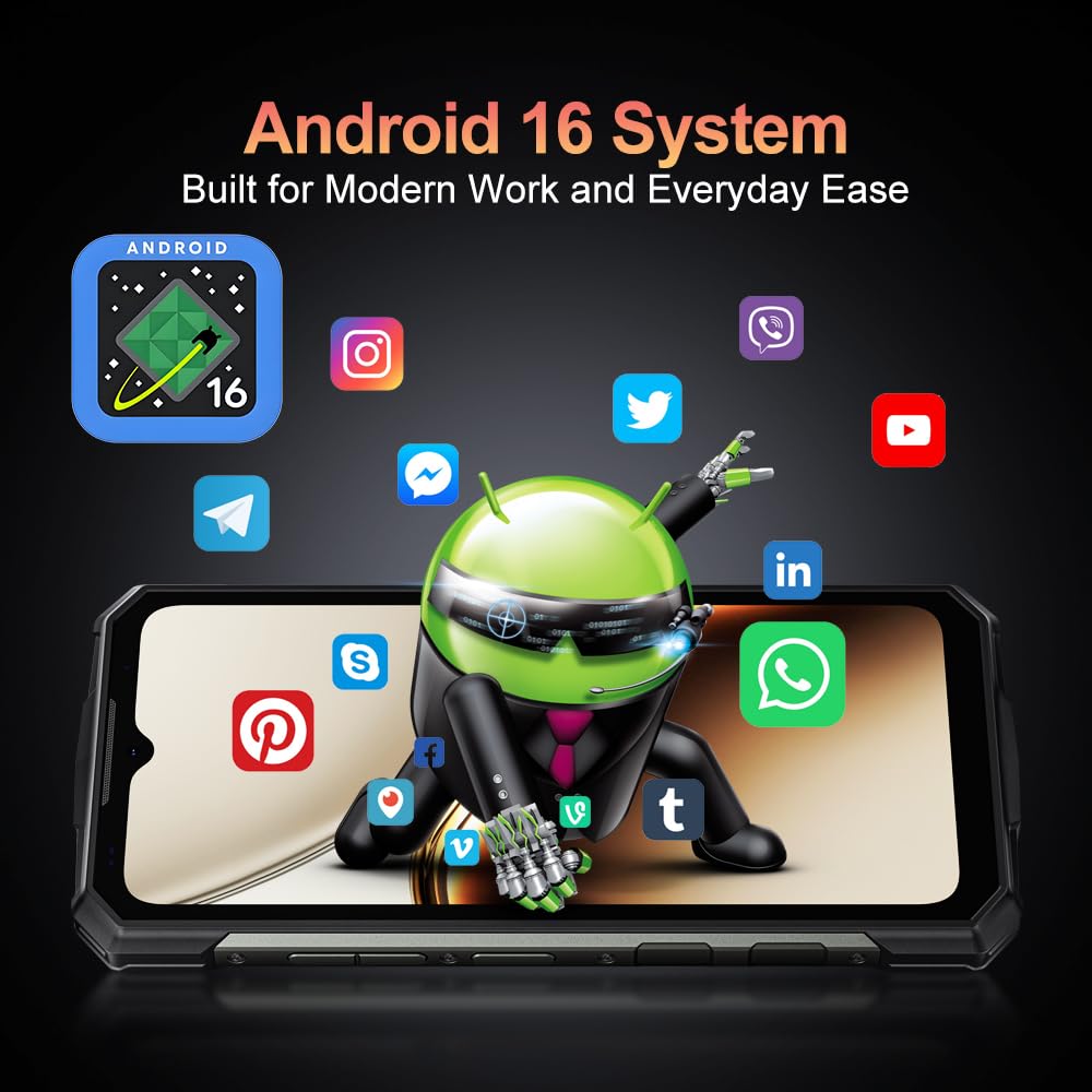 Android 16 Outdoor Handy Ohne Vertrag 2026, 13000mAh Baustellenhandy, 6.6'' HD+ 90Hz, 12GB+64GB/2TB Outdoor Smartphone, 13MP AI Kamera, 4G LTE/Dual SIM/IP68/IP69K/NFC/OTG/FM/3 Slot, Schwarz