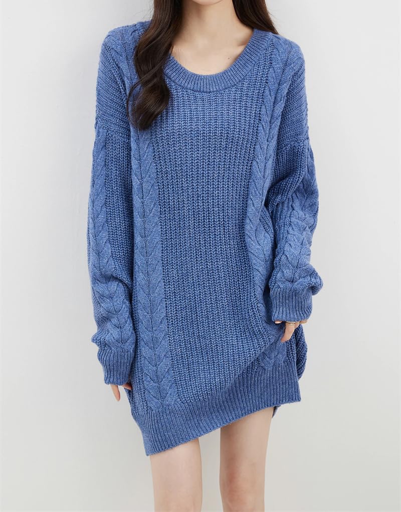 Dninmim Damski sweter z długim rękawem i okrągłym dekoltem dzianinowy oversize ciepły długi sweter sweter top