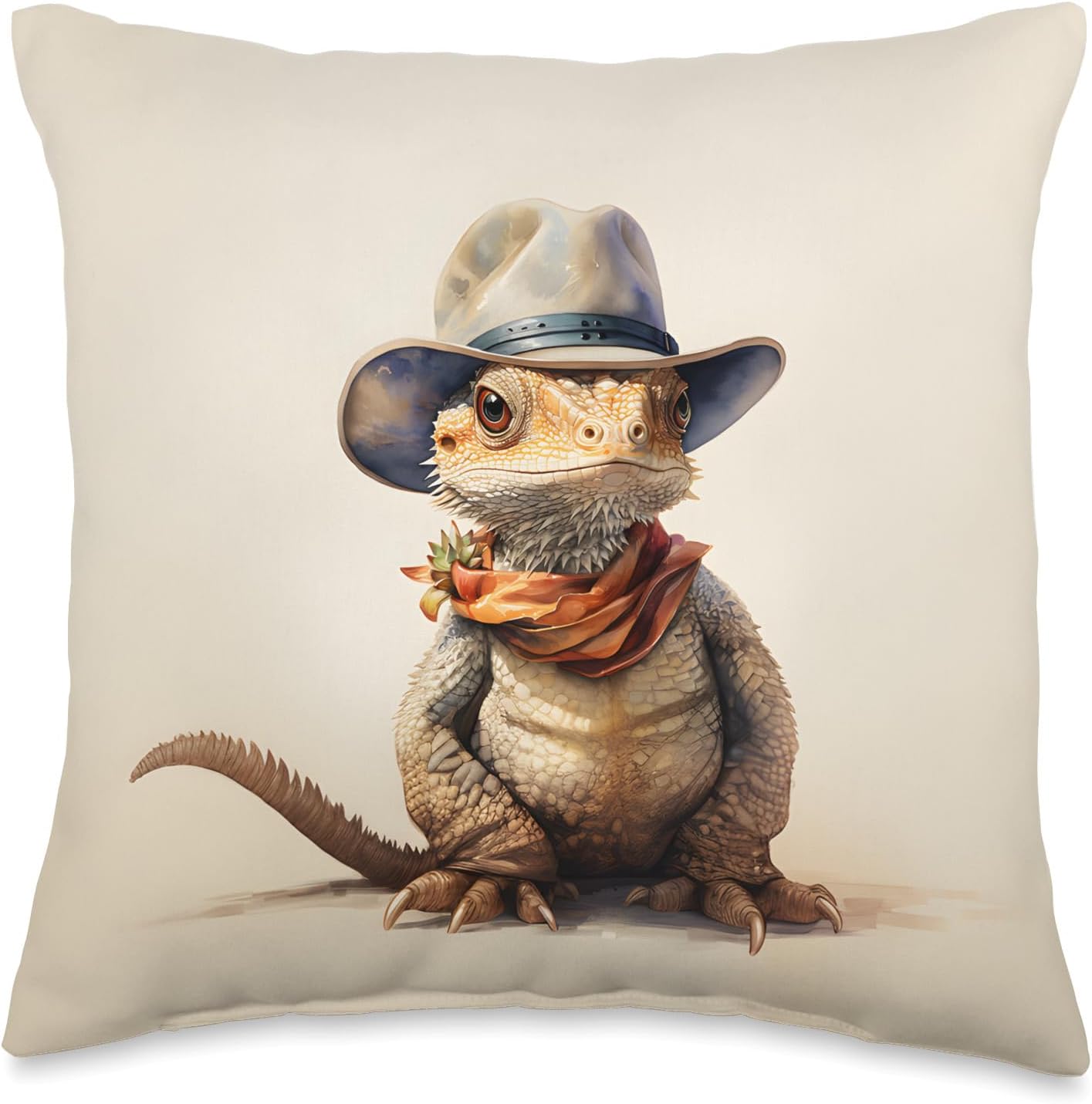 Cute Bearded Dragon Beardie Wearing a Cowboy Hat Throw Pillow