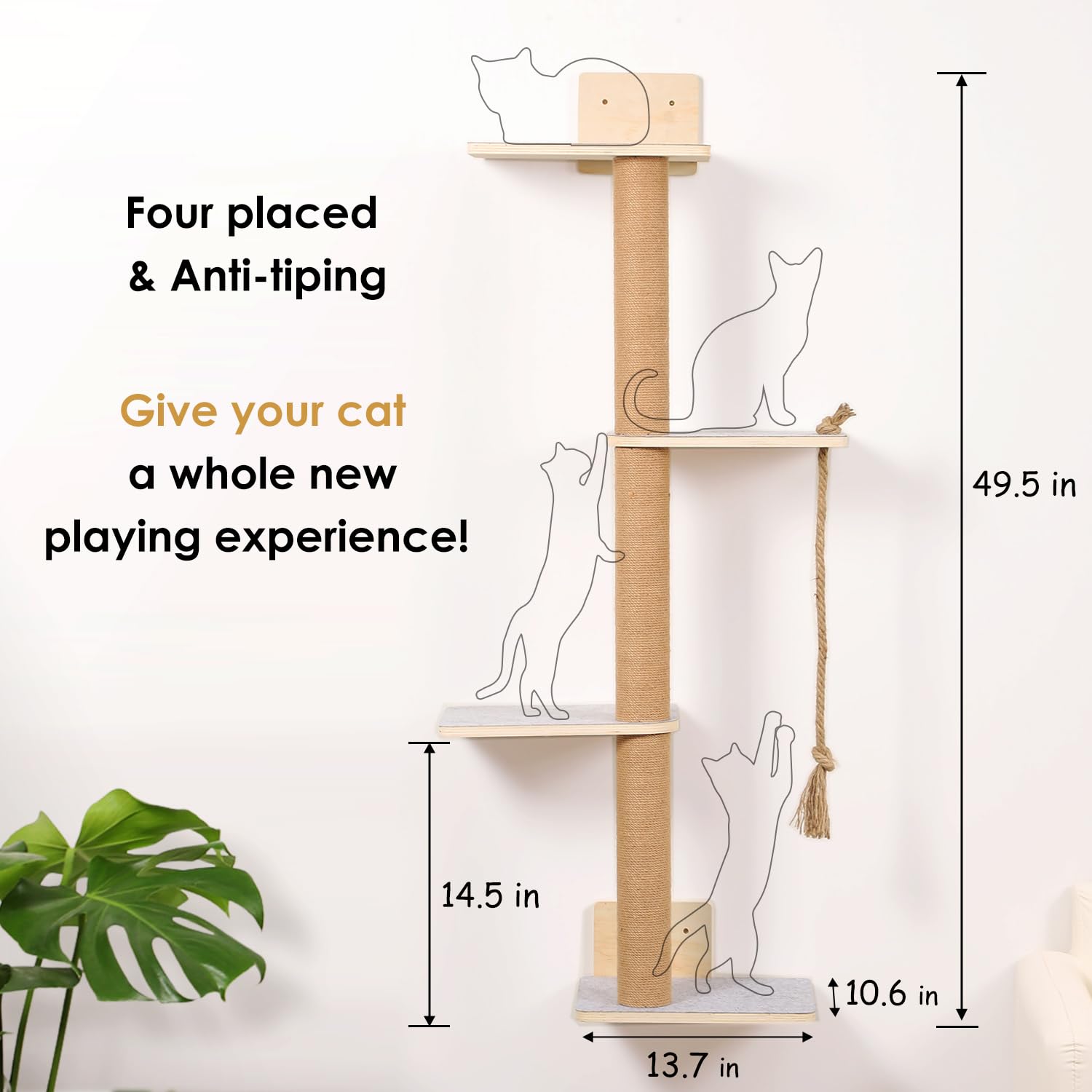 CoolEx Wall Mounted Cat Tree,50 Inch Tall Wall Cat Tree,4 Tier Cat Climbing Wall Shelves with Scratcher Post for Indoor Cats Activity,Cat Wall Furniture with Soft Felt Pads & Cushion