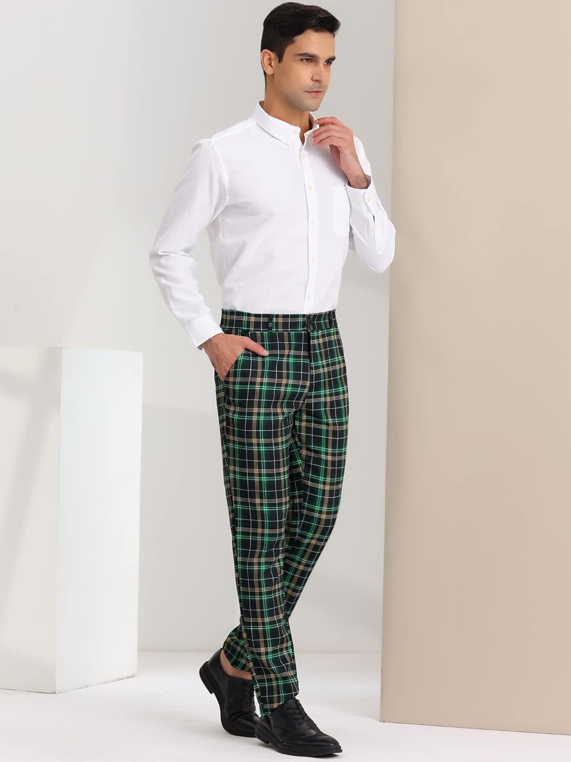 Lars Amadeus Men's Plaid Slacks Regular Fit Flat Front Work Prom Checked Dress Pants - Image 4
