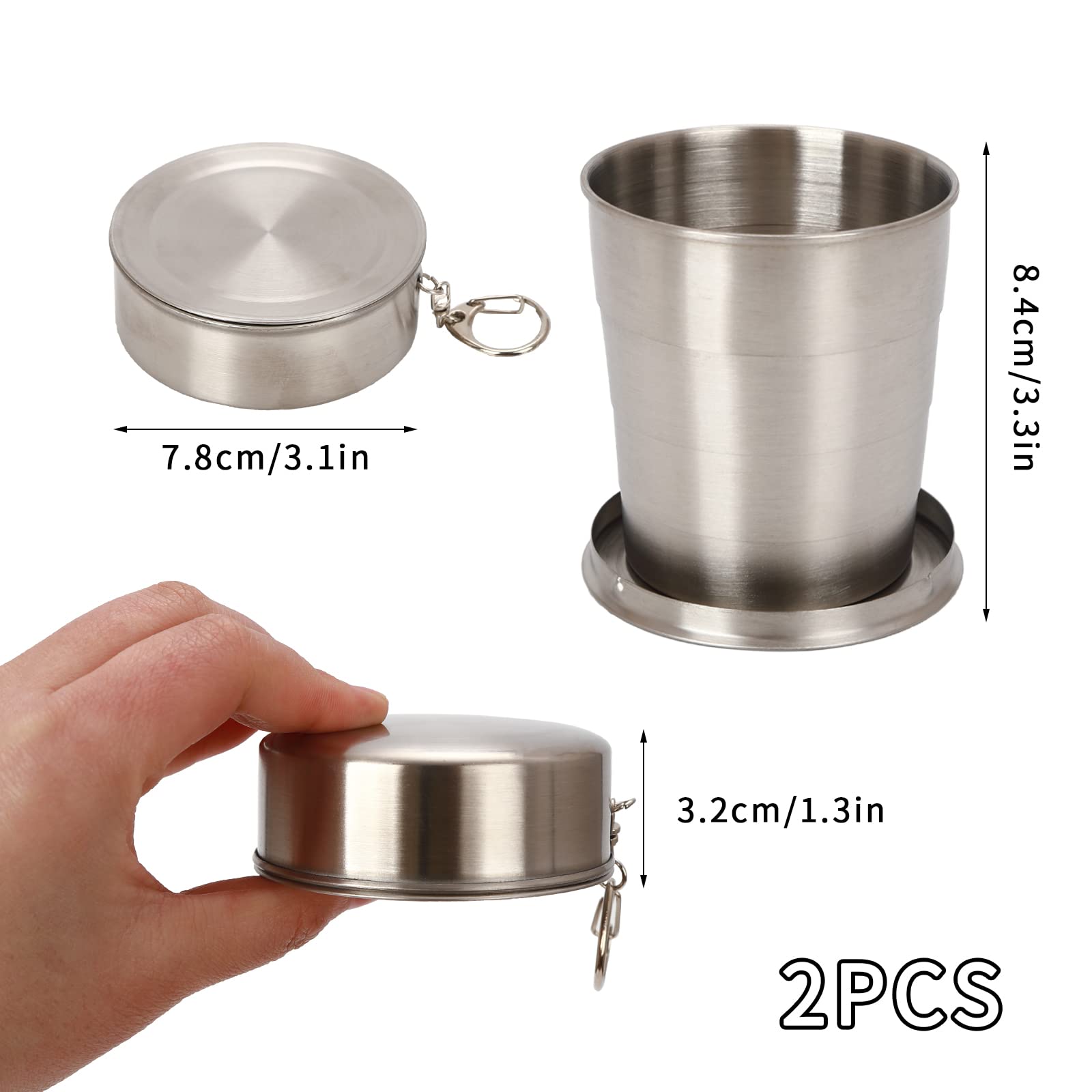 2 szt. Składane Kubki Ze Stali Nierdzewnej Teleskopowy Kubek Podróżny Na Zewnątrz 250 ml Lekki Metalowy Kubek Kempingowy Składany Wysuwany Kubek Z Brelokiem Do Kawy Wodnej Wino